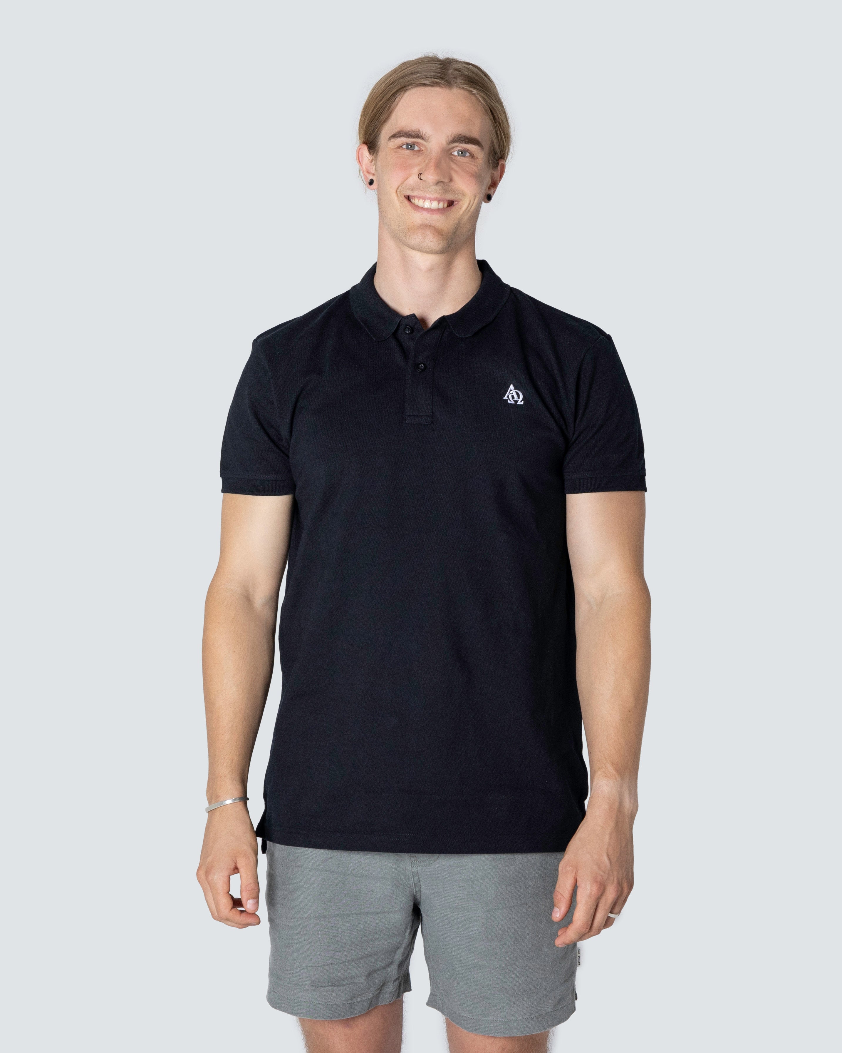 Mens Pique Polo: Alpha and Omega, Small, White on Black (Front & Back Embroidery)