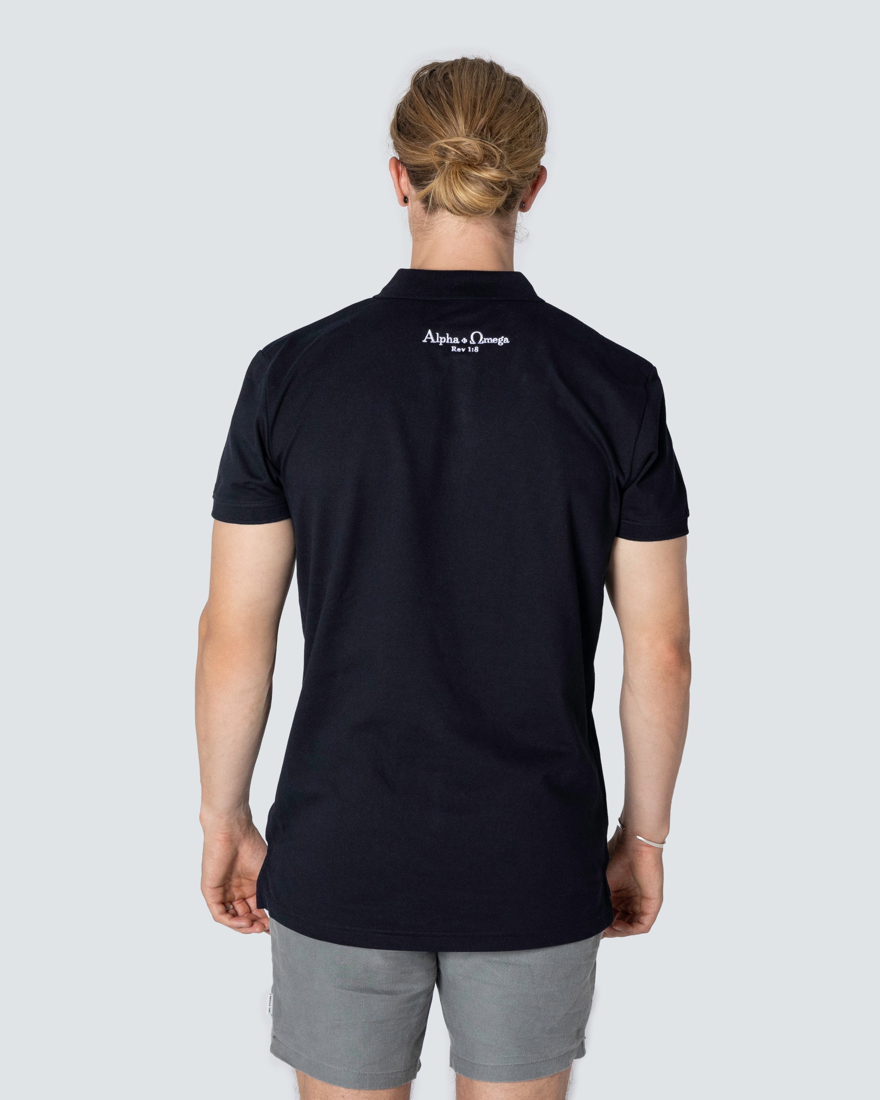 Mens Pique Polo: Alpha and Omega, Small, White on Black (Front & Back Embroidery)