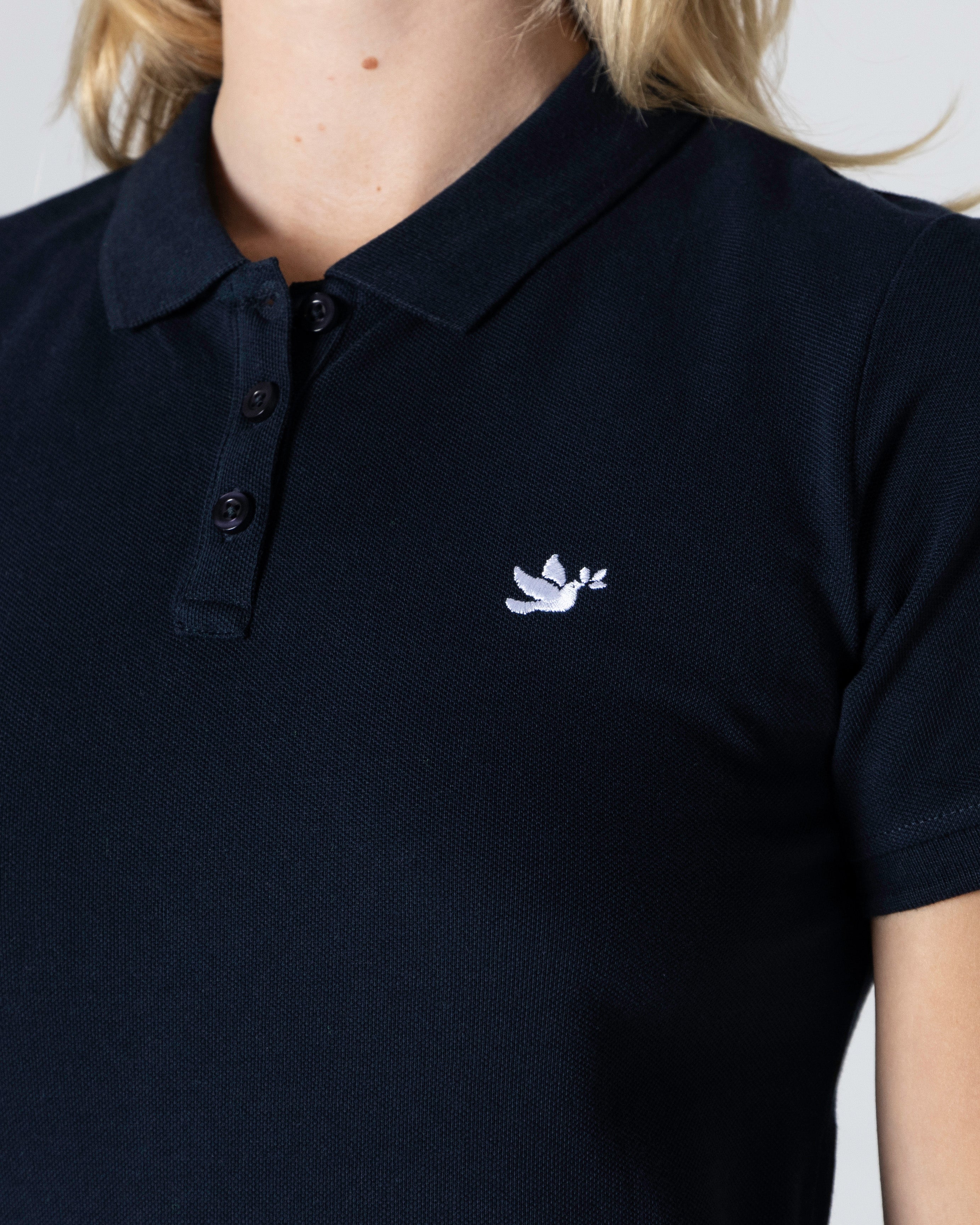Womens Pique Polo: Dove, Small, White on Navy (Front & Back Embroidery)