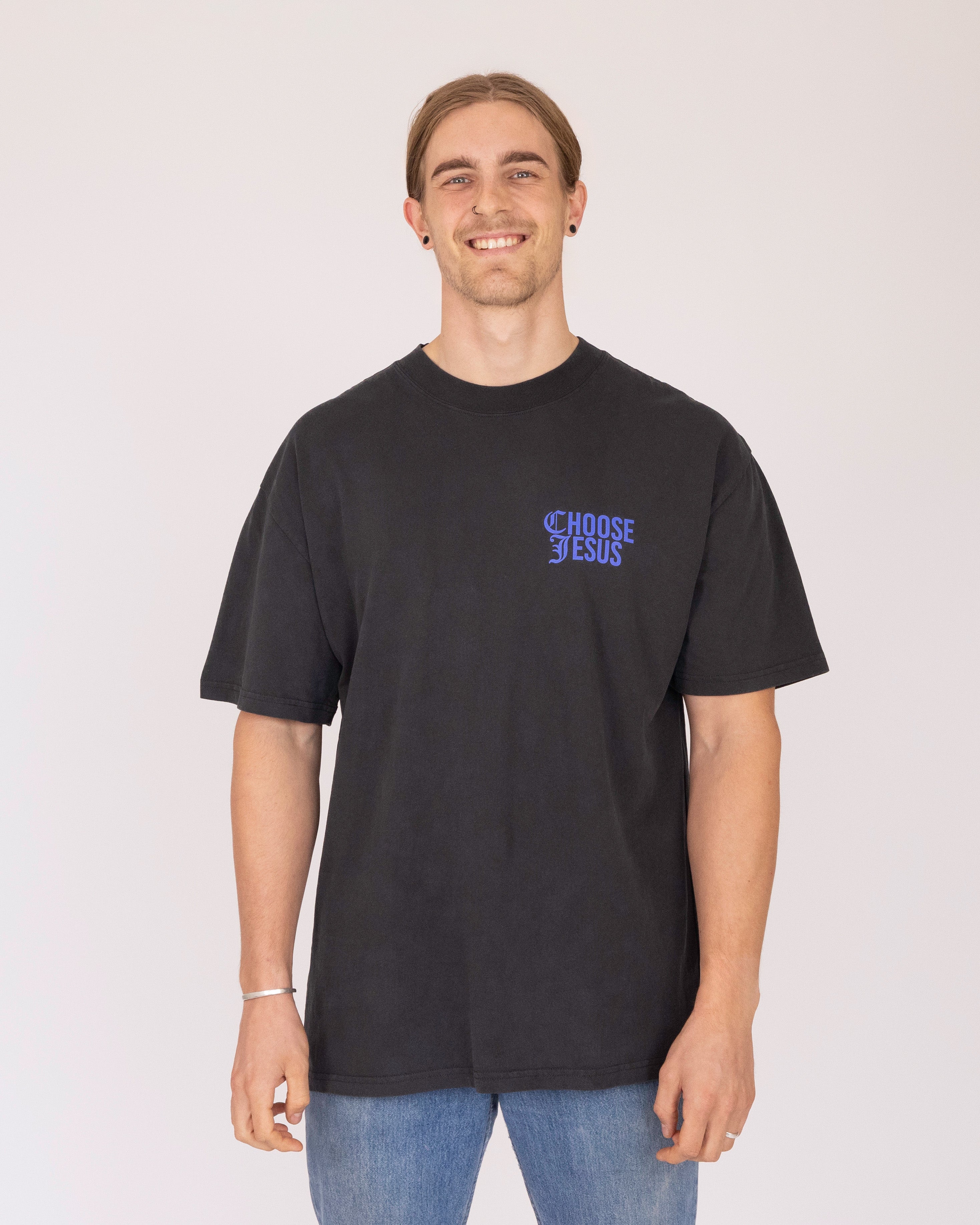 Mens Heavy Faded Tee: Choose Jesus, XXLarge, Blue on Coal