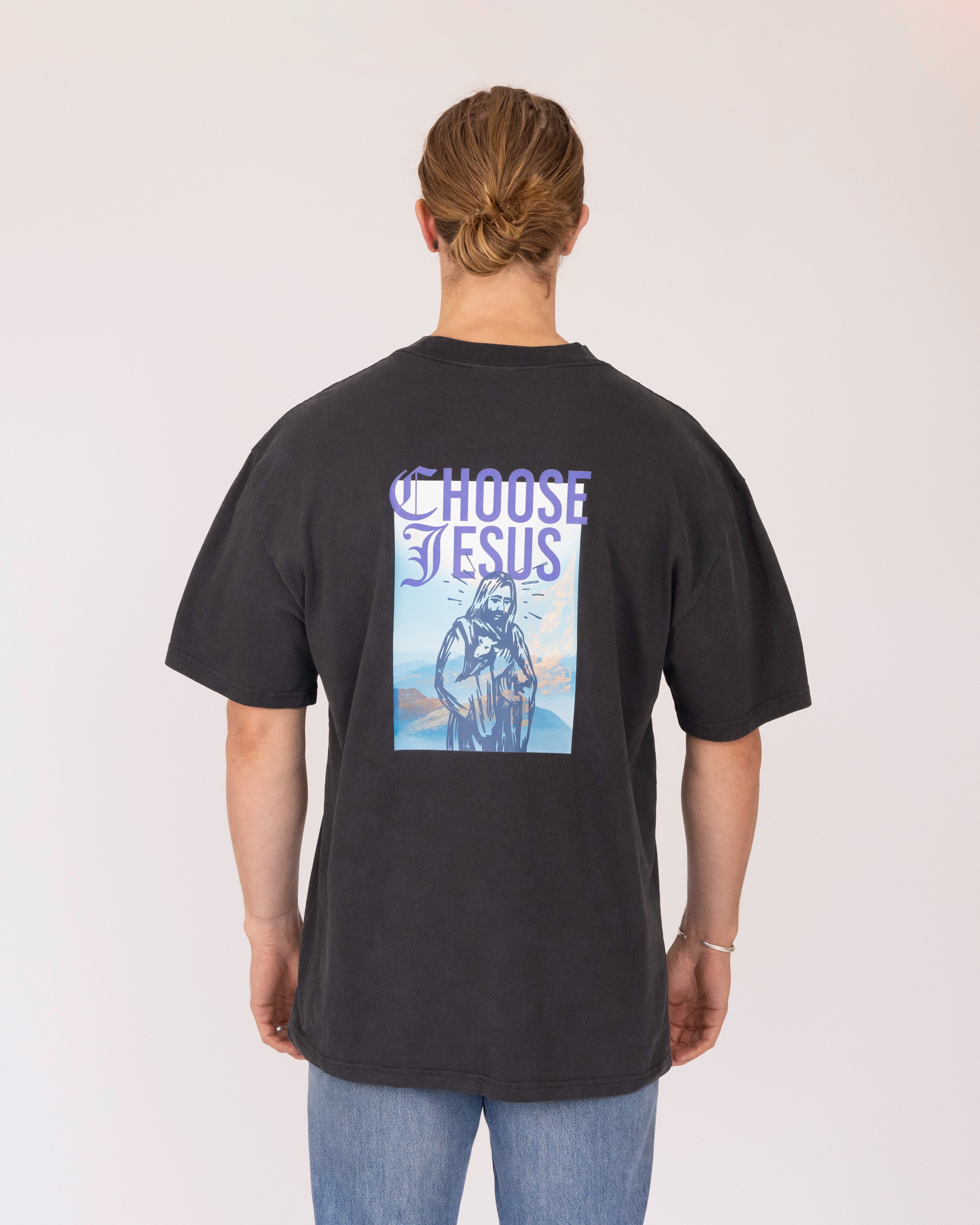 Mens Heavy Faded Tee: Choose Jesus, XXLarge, Blue on Coal