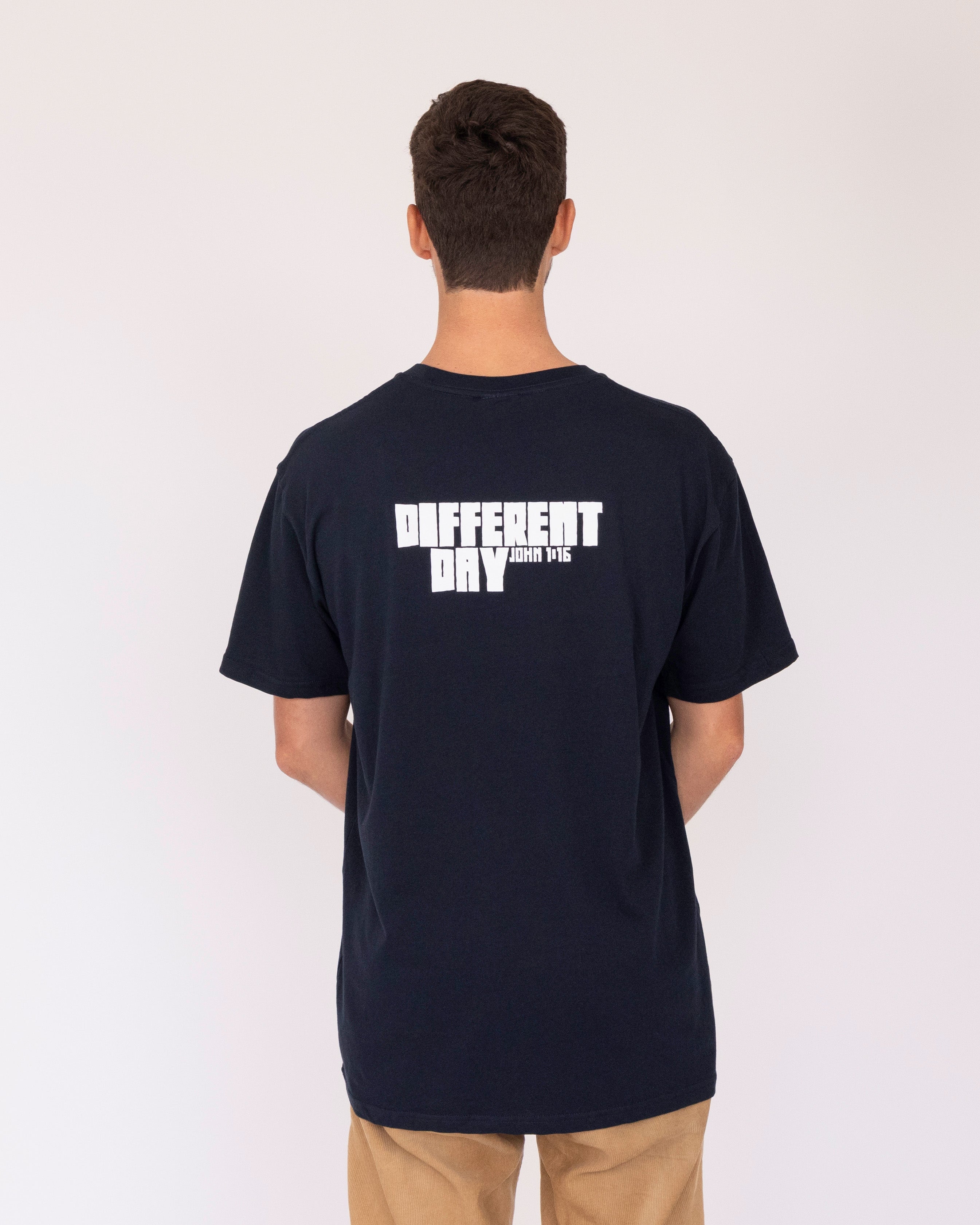 Mens Basic Tee: Same Grace Different Day, Medium, White on Navy