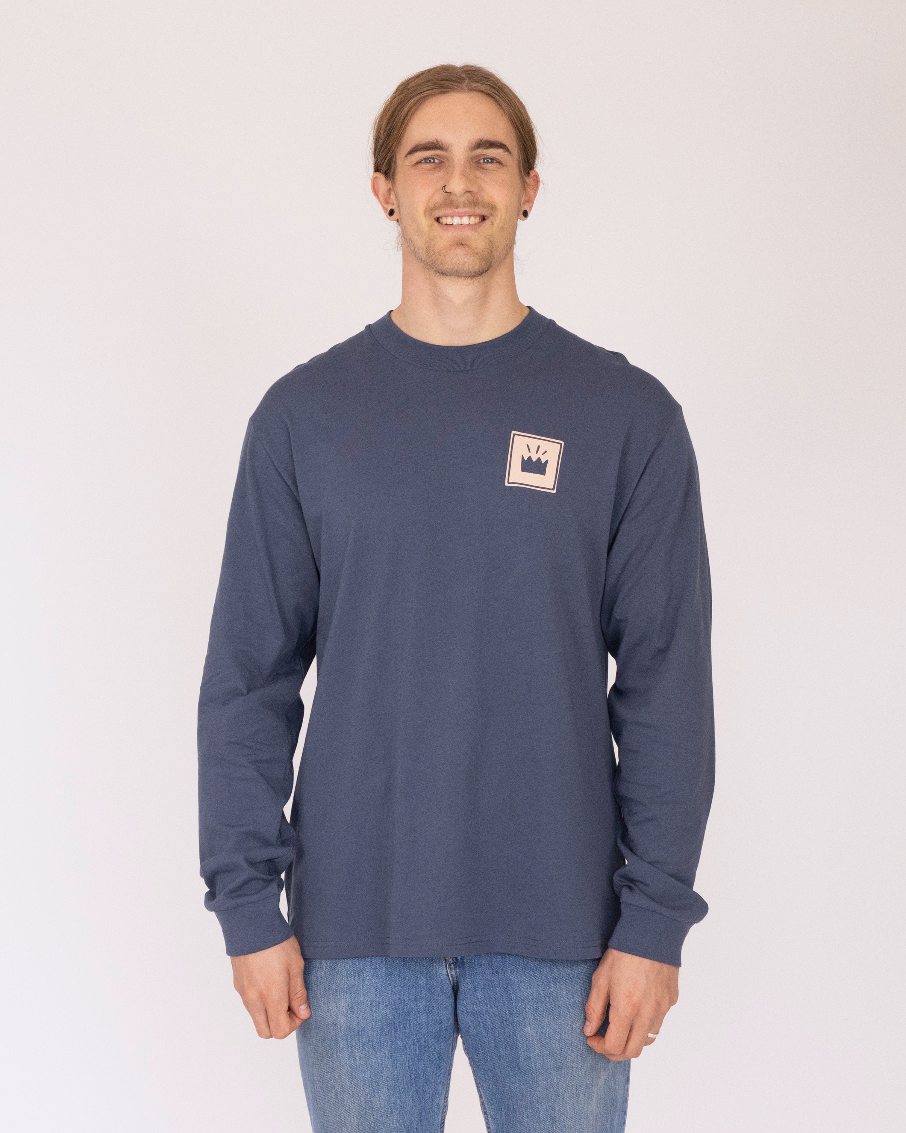 Mens General Long Sleeve Tee: Live By Faith, Medium, Off-White and Orange on Petrol Blue