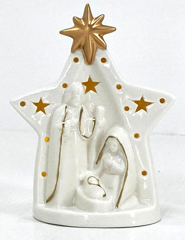 Ceramic Manger with LED, white/gold, star shape, comes in a white box