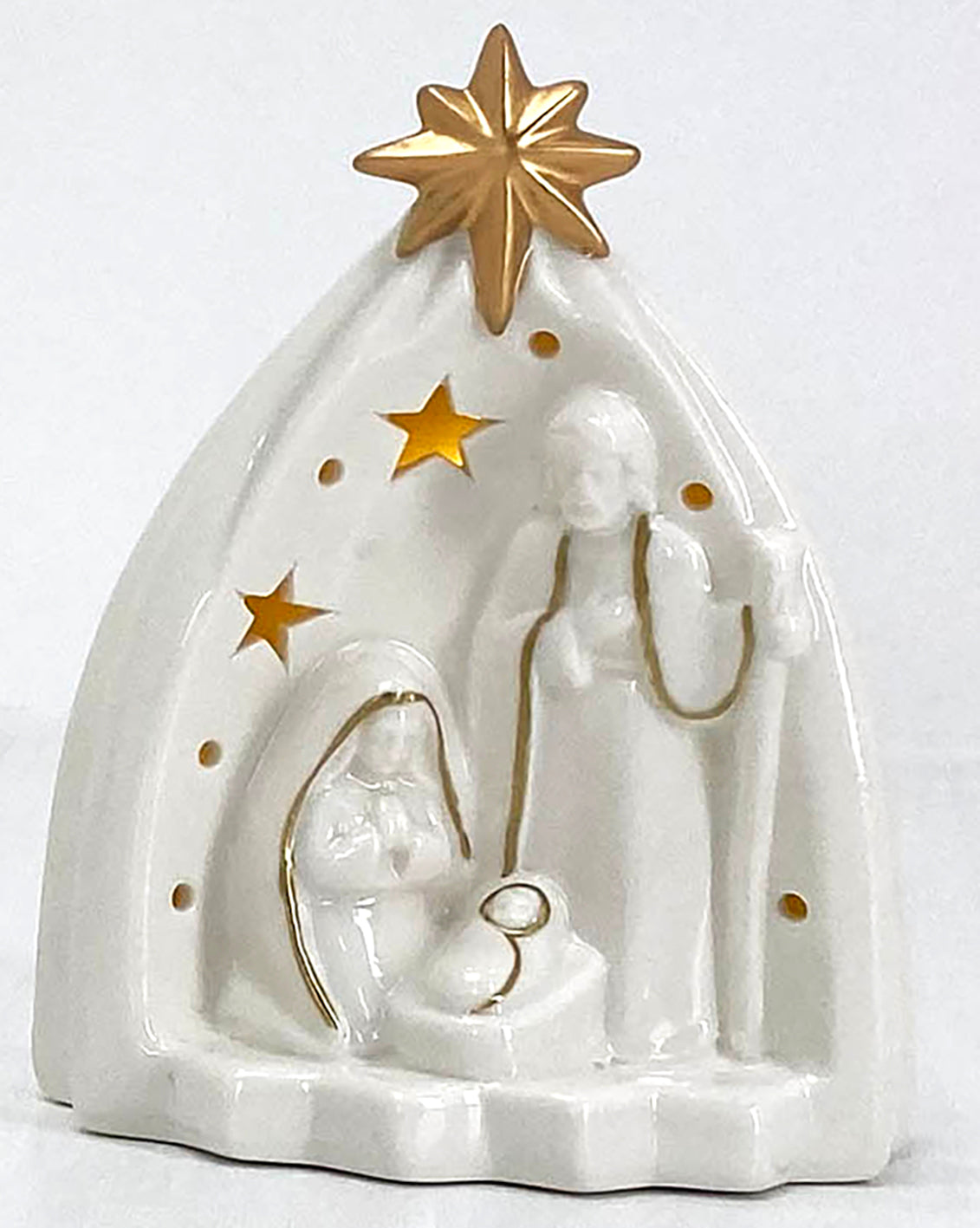 Ceramic Manger with LED, white/gold, simple cave shape, Comes in a white box