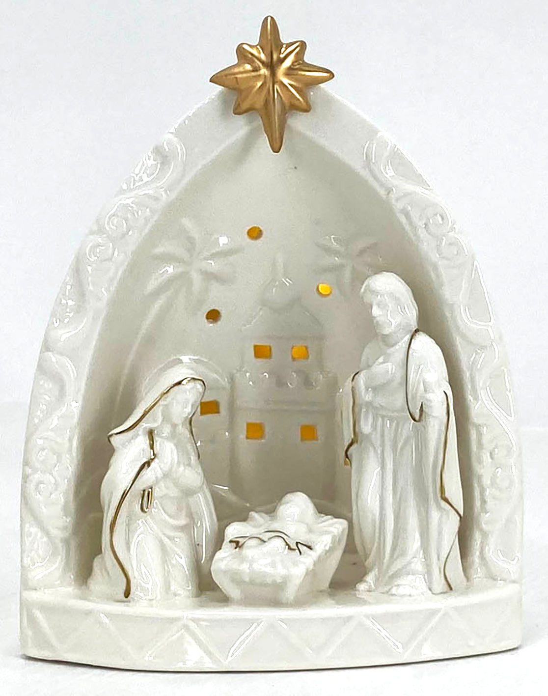 Ceramic Manger with LED, white/gold, city background, comes in a white box