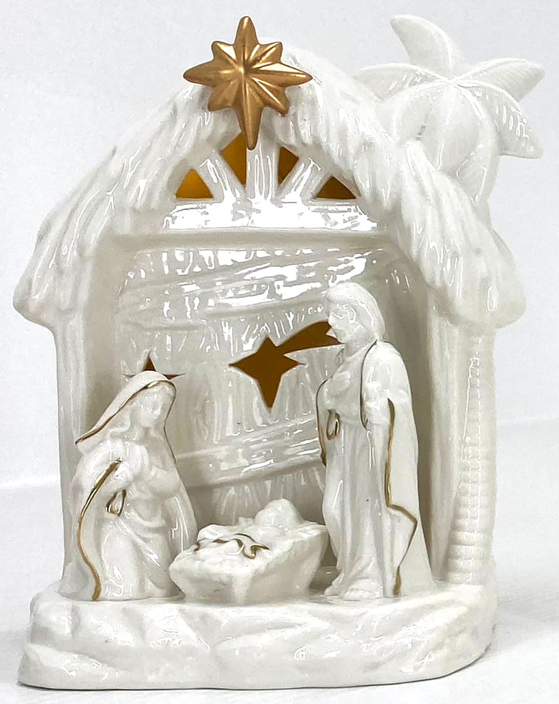 Ceramic Manger with LED, white/gold, barn shape, comes in a white box