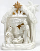 Ceramic Manger with LED, white/gold, barn shape, comes in a white box