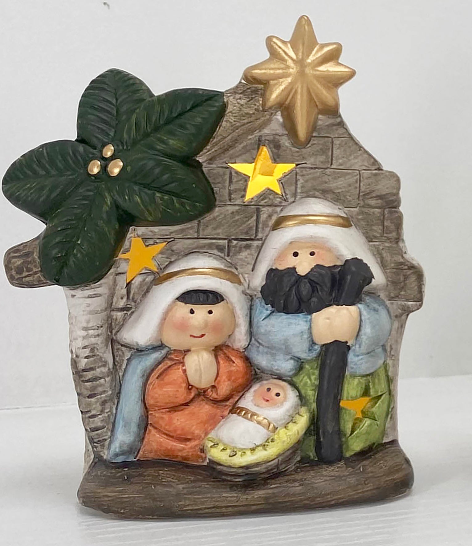Ceramic Manger with LED: Colourful, stone wall and palm, comes in a white box