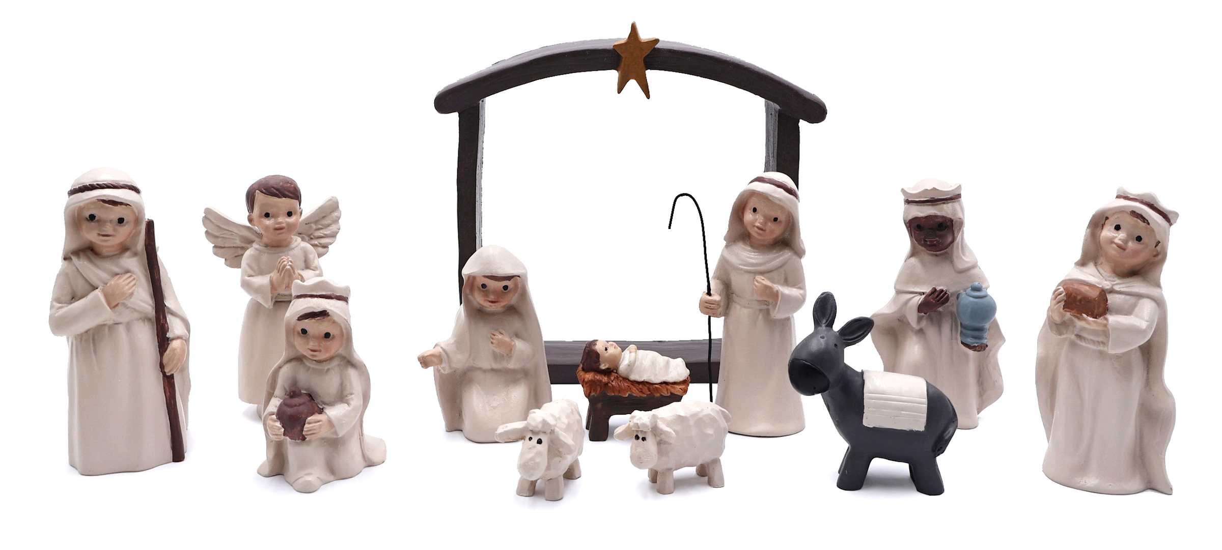 Nativity Scene with Stable, White, Resin (Set of 12)