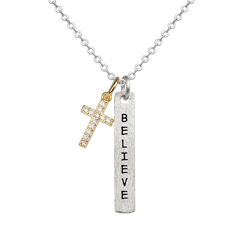 Necklace: Bar/Cross, Believe, Silver (Walk By Faith Collection)