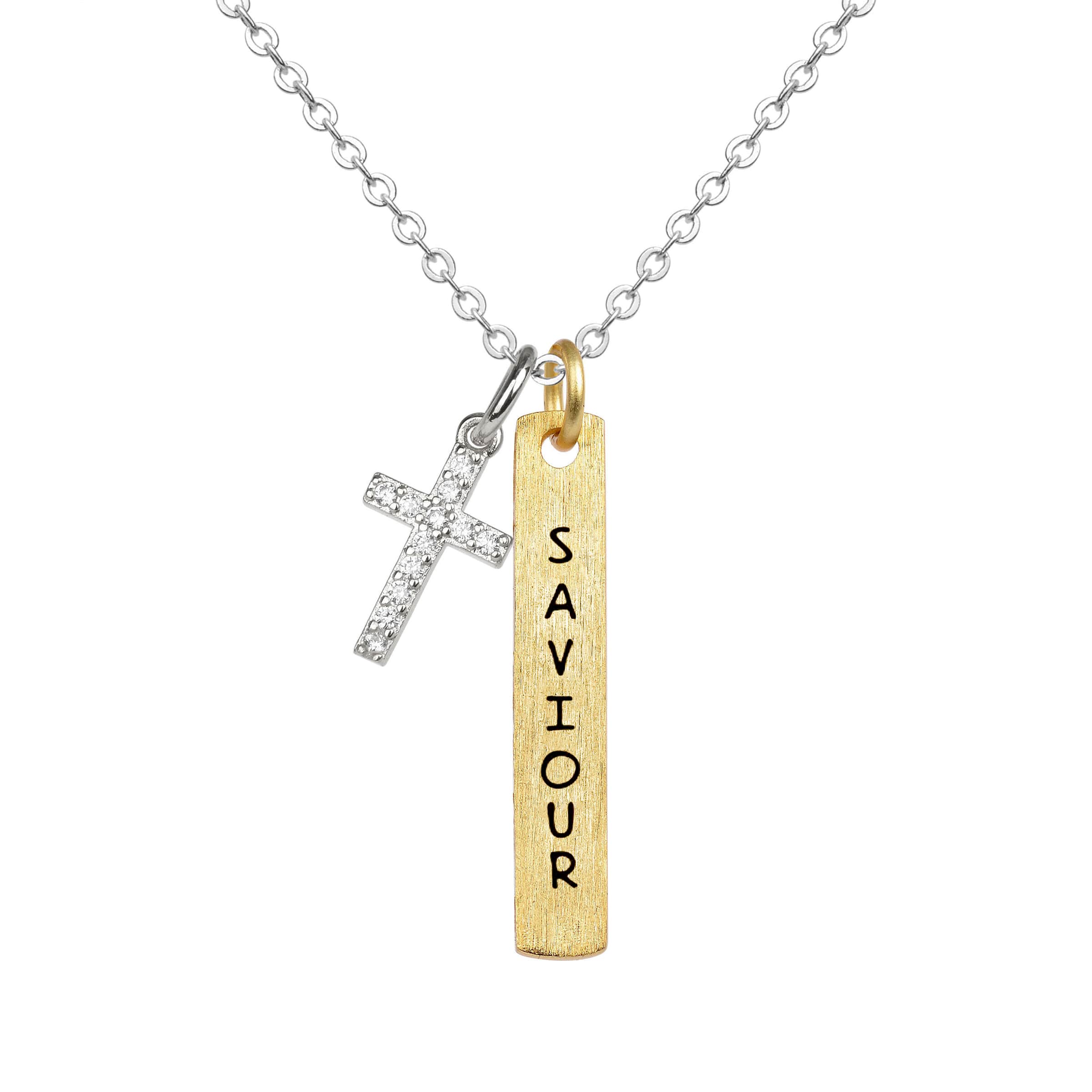 Necklace: Bar/Cross, Saviour, Gold (Walk By Faith Collection)