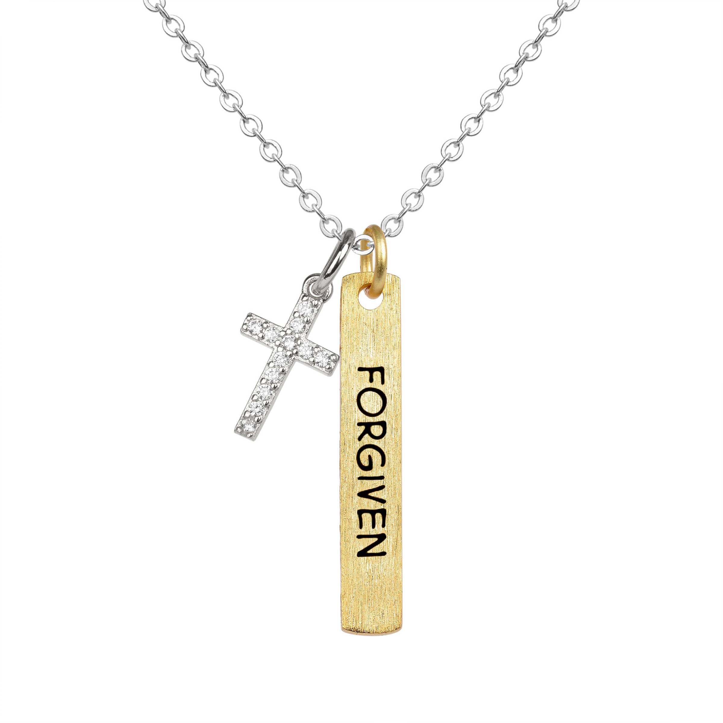 Necklace: Bar/Cross, Forgiven, Gold (Walk By Faith Collection)