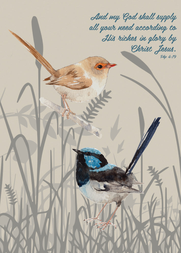 Australiana Greeting Card: God Never Fails (Blue Wren)