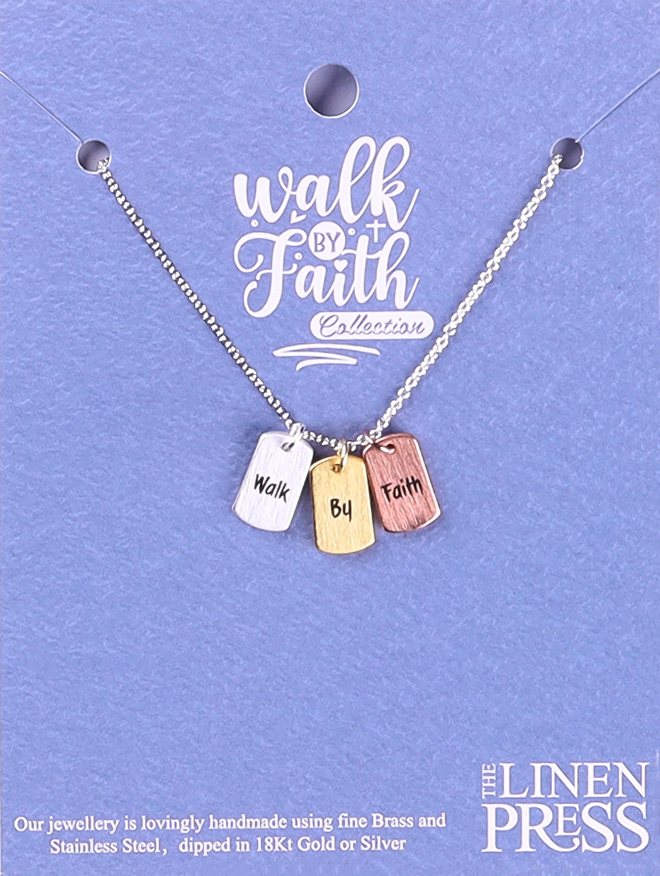 Necklace: 3 Dog Tag Charms, Silver, Gold, Rose Gold, 40.6cm Silver Chain With 5cm Extension (Walk By Faith Collection)