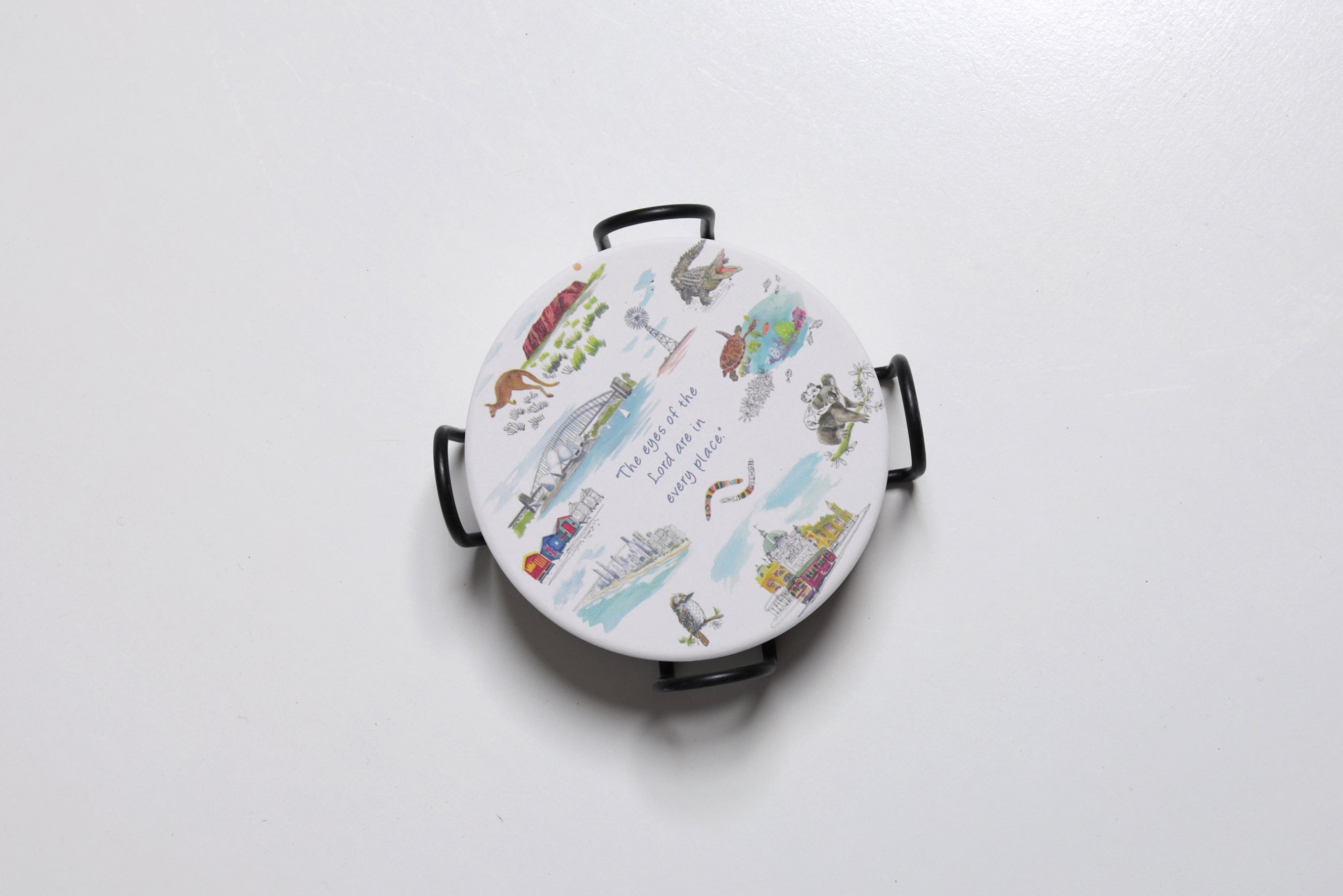 Coasters - Ceramic Set of 4: Australian Icons, the Eyes of the Lord Are in Every Place, Cork Back