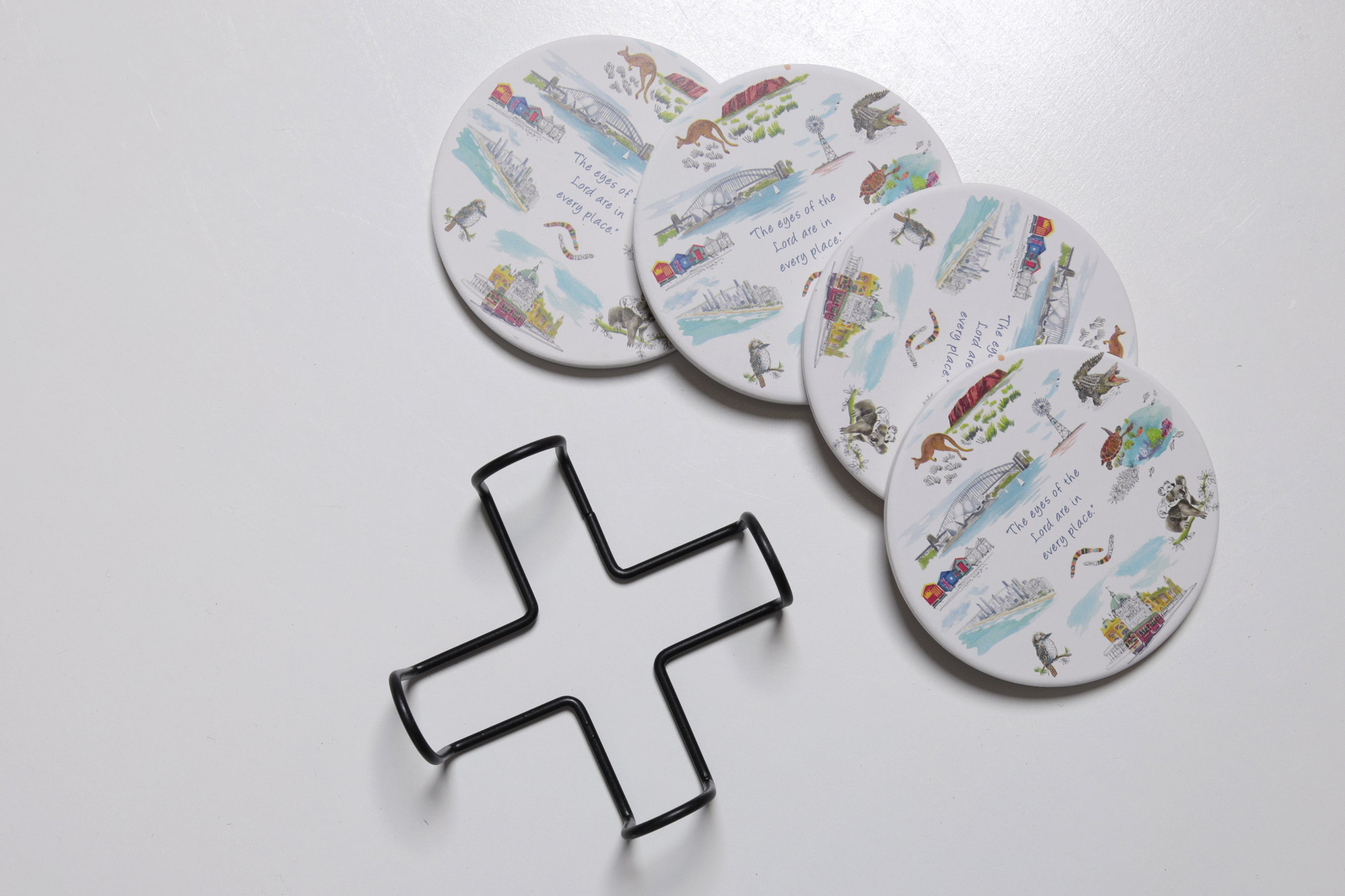 Coasters - Ceramic Set of 4: Australian Icons, the Eyes of the Lord Are in Every Place, Cork Back