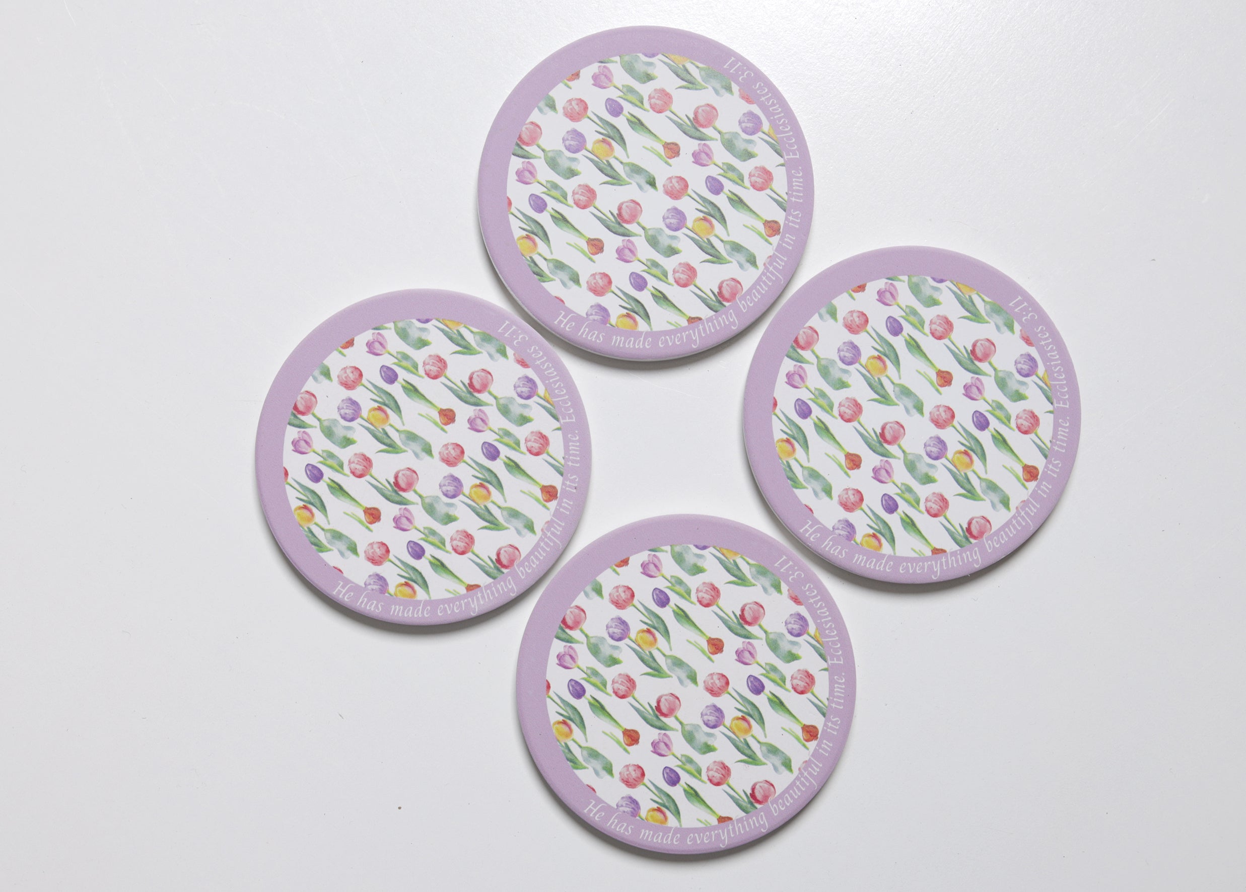 Coasters - Ceramic Set of 4: Watercolour Tulips, Eccl. 3:11, Cork Back