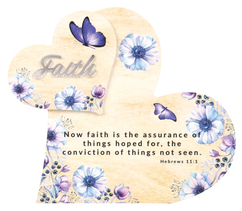 Tabletop Plaque, Mdf: Double Love Hearts, Faith, Hebrews 11:1, Purple/Blue