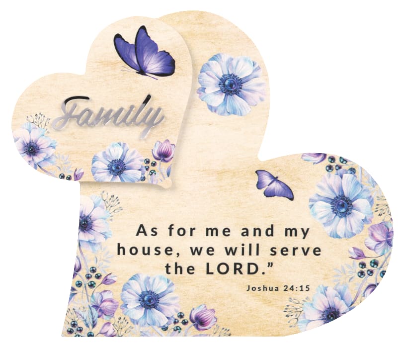 Tabletop Plaque, Mdf: Double Love Hearts, Family, Joshua 24:15, Purple/Blue