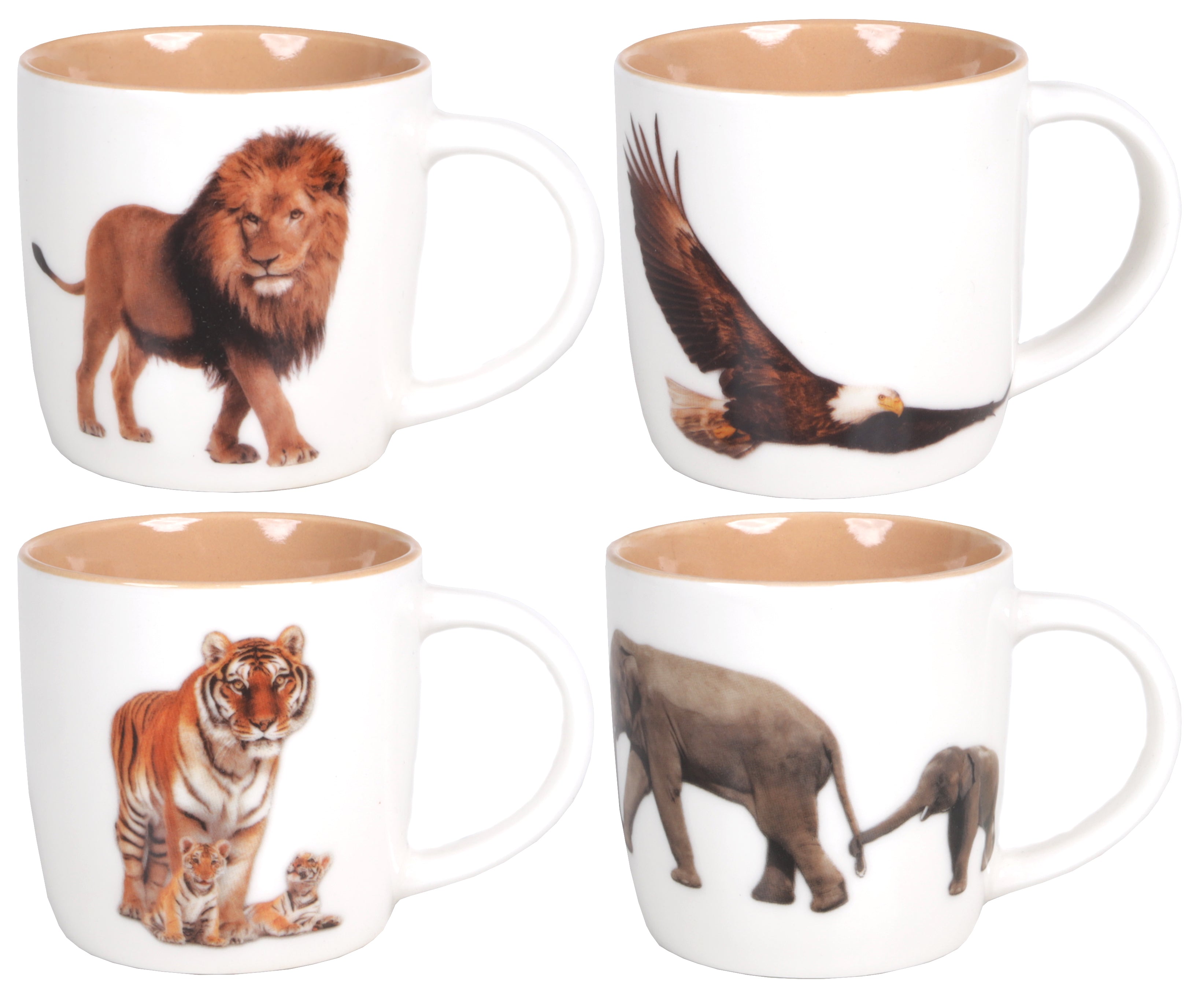 Bone China Mugs, Set of 4, 320 ML: Animals (Lion/joshua 1:9, Eagle/isaiah 40:31, Tigers/hebrews 13:5, Elephants/psalm 23:3)