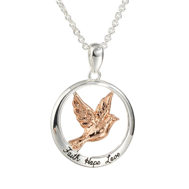 Necklace: 2 Tone Rose Gold Dove & Silver Faith Hope Love