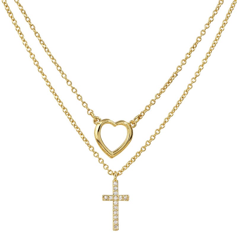 Necklace: Double Chain Gold & Zircon Heart (shorter) and Cross (longer)