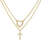 Necklace: Double Chain Gold & Zircon Heart (shorter) and Cross (longer)