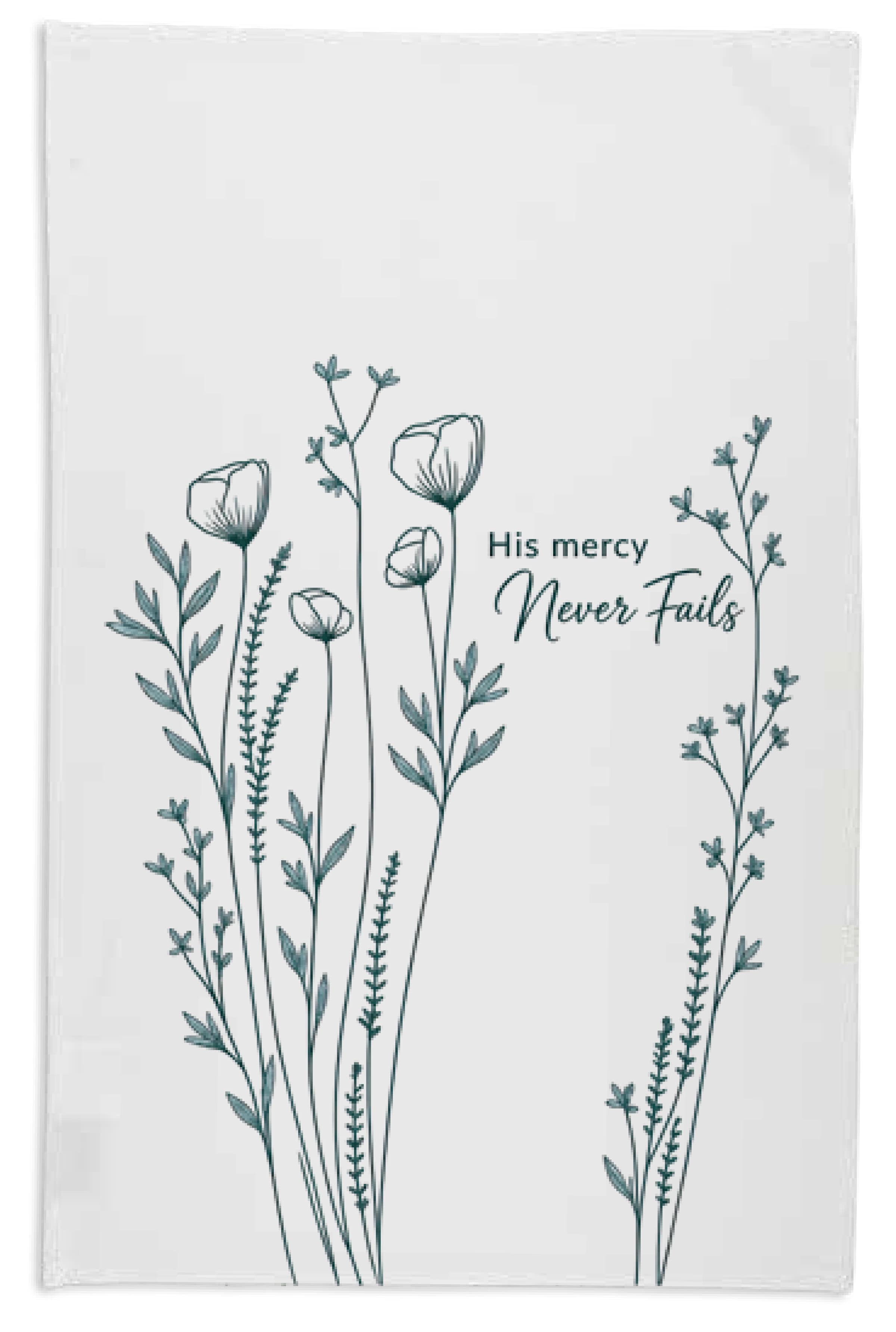 Tea Towel: White, His Mercy Never Fails (Aco Certified Organic Cotton)