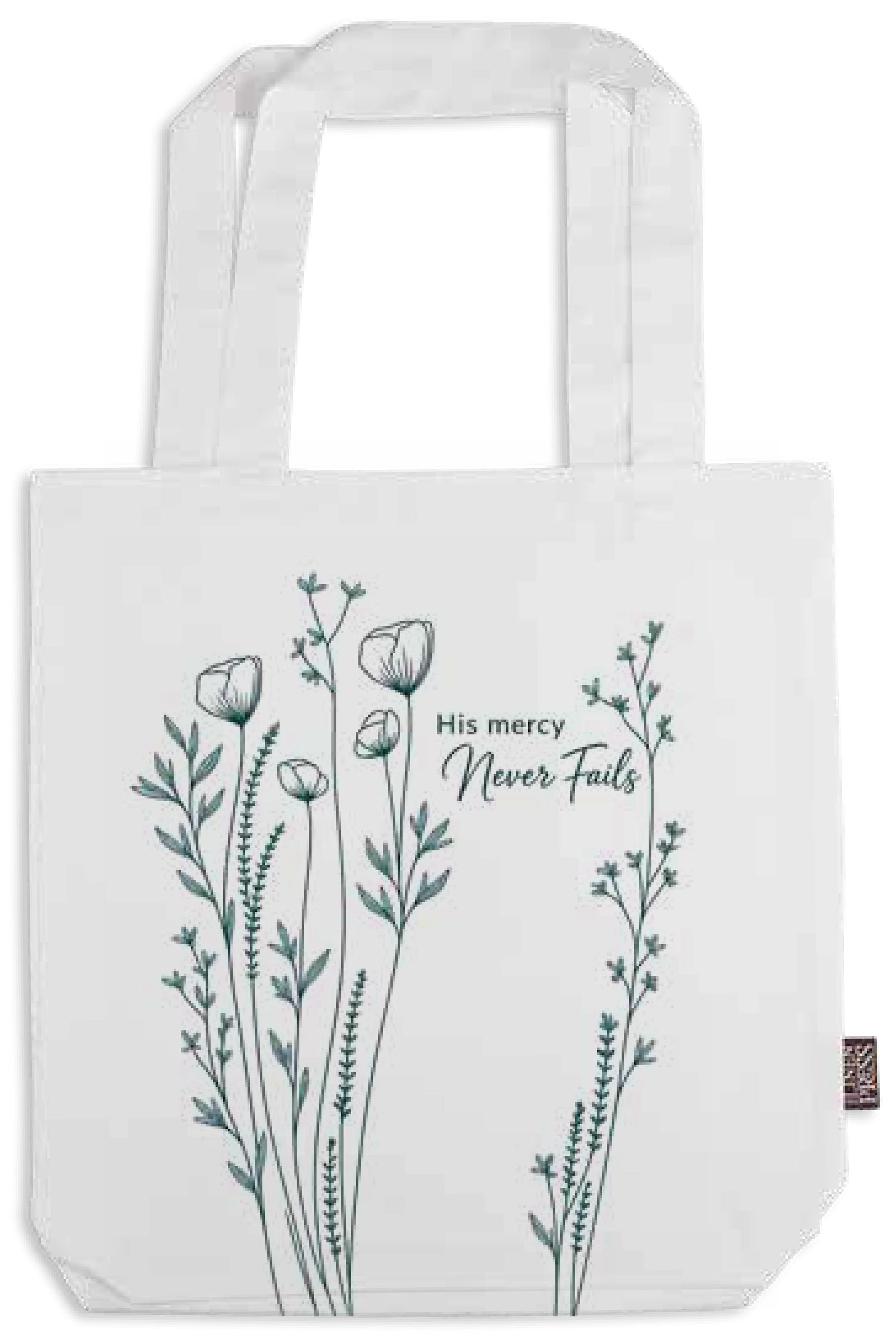 Tote Bag: White, His Mercy Never Fails (Aco Certified Organic Cotton)