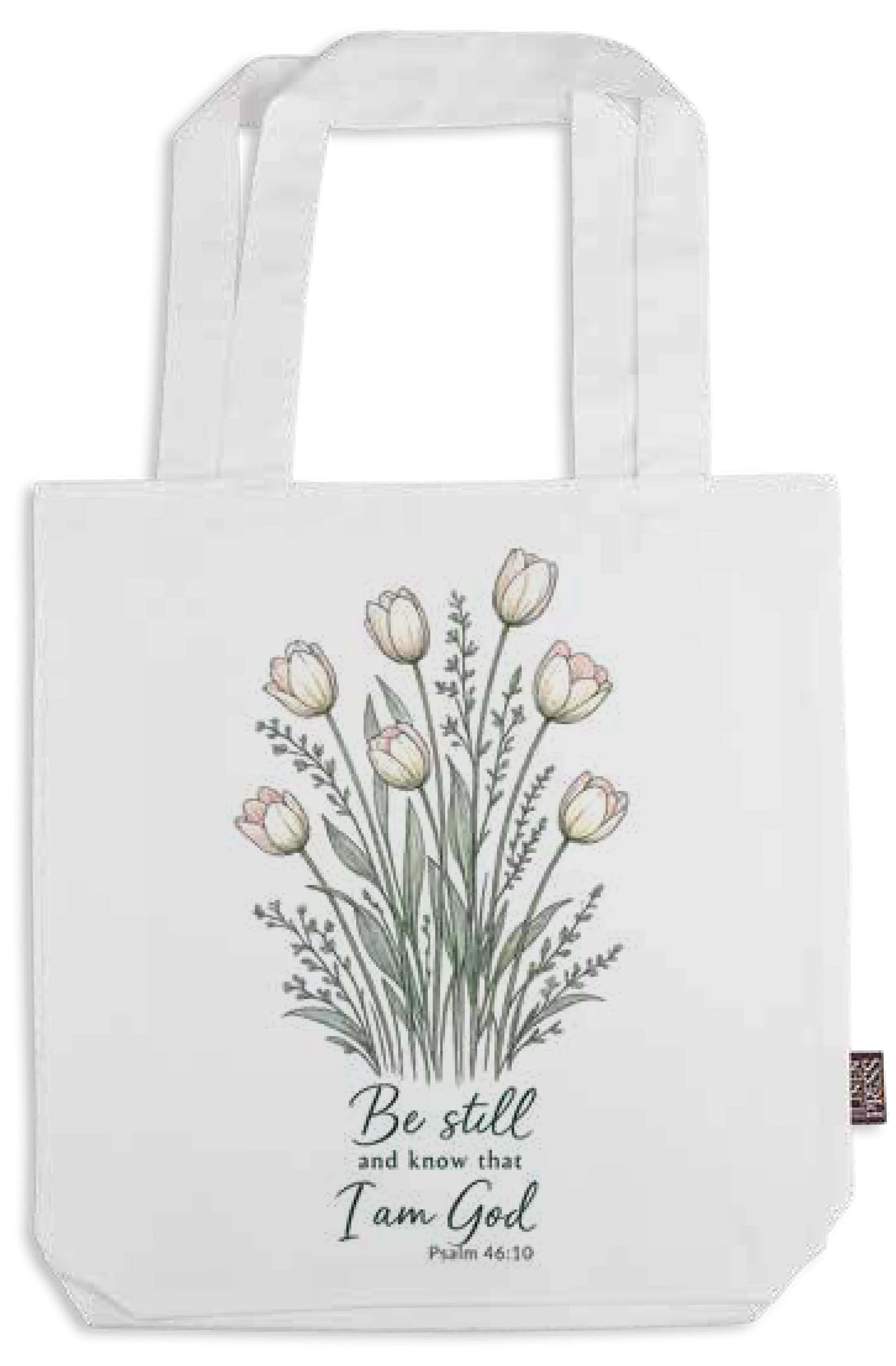 Tote Bag: White, Be Still Psalm 46:10 (Aco Certified Organic Cotton)