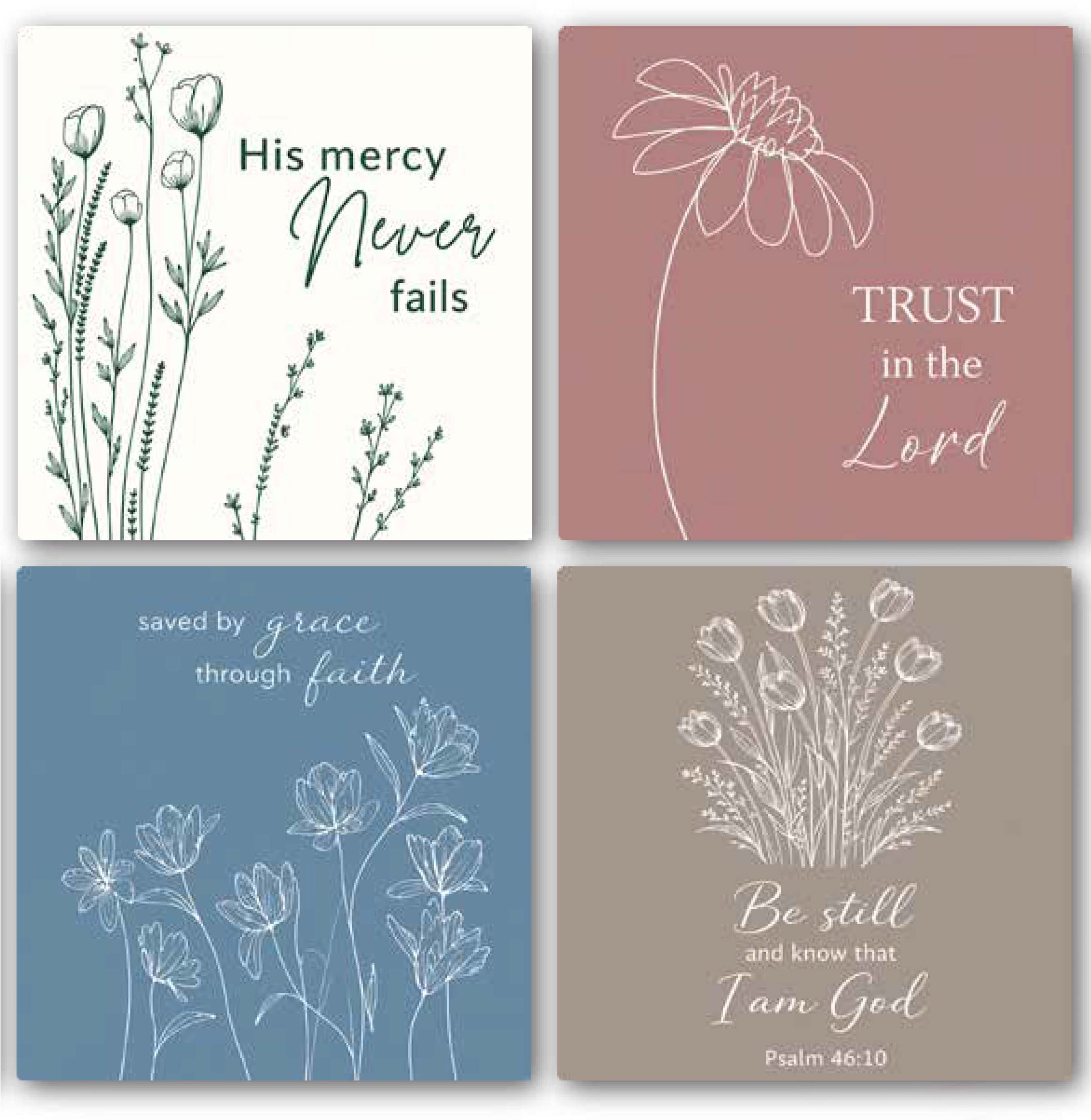 Ceramic Coaster (Set of 4, 1 each, 4 Designs): Square Pastel Florals, His Mercy