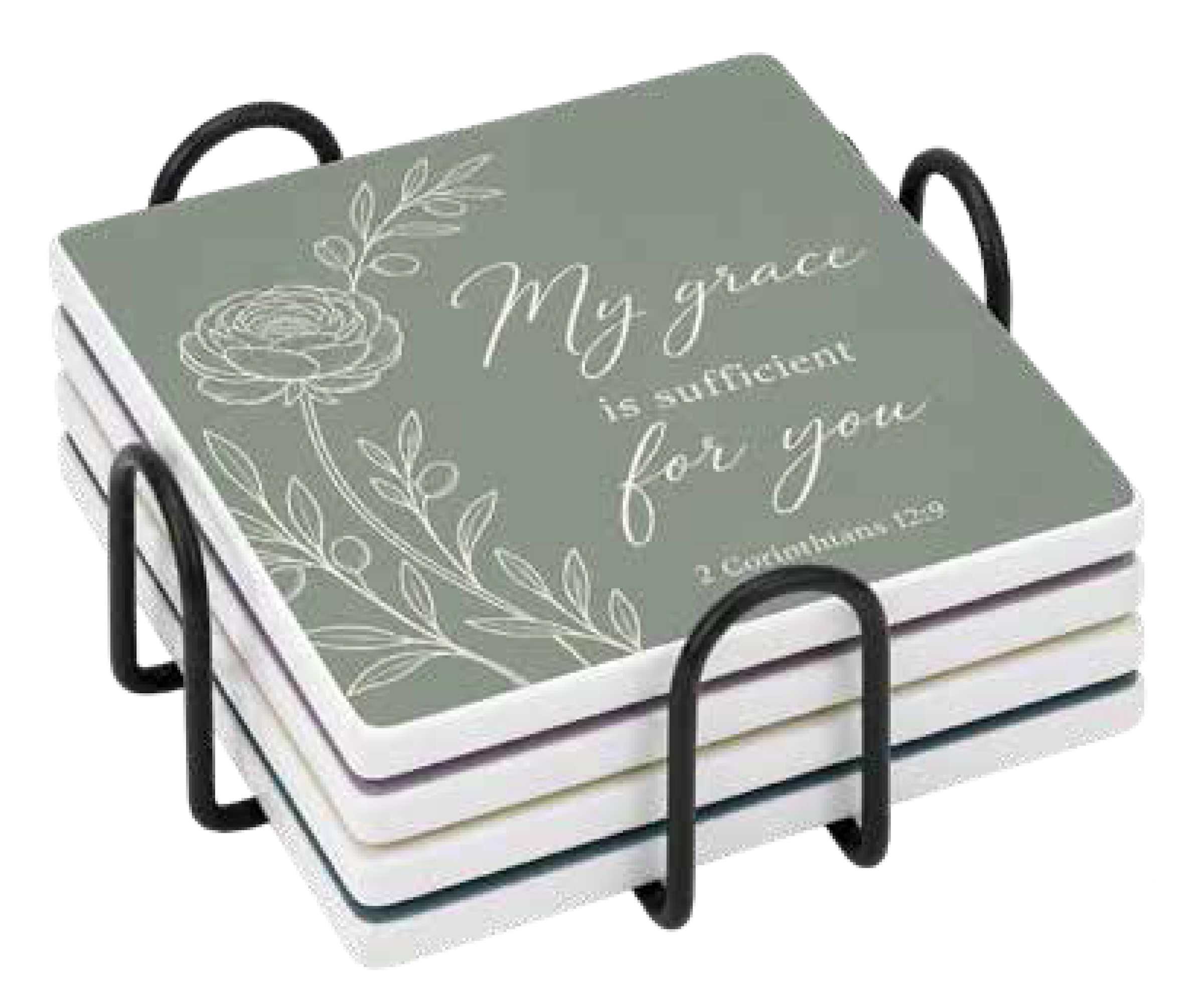 Ceramic Coaster (Set of 4, 1 each, 4 Designs): Square Pastel Florals, My Grace