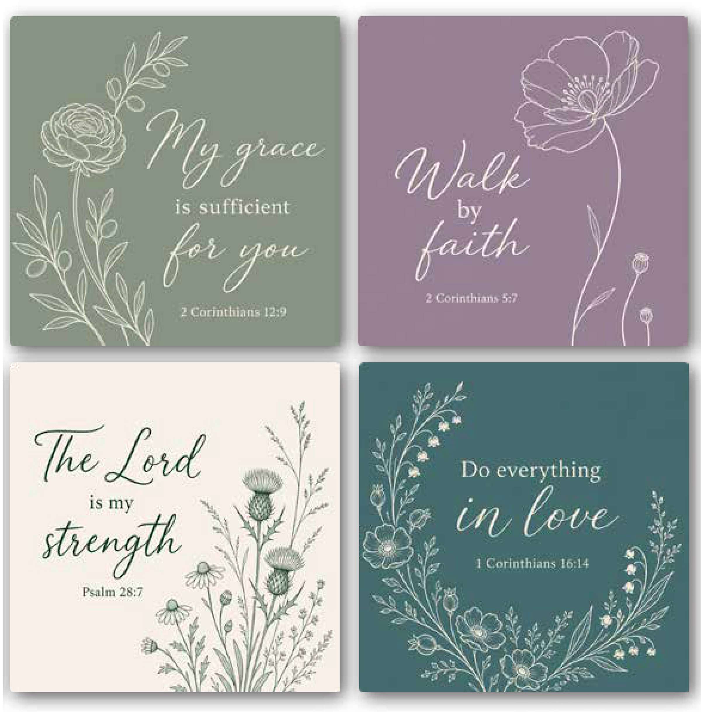 Ceramic Coaster (Set of 4, 1 each, 4 Designs): Square Pastel Florals, My Grace