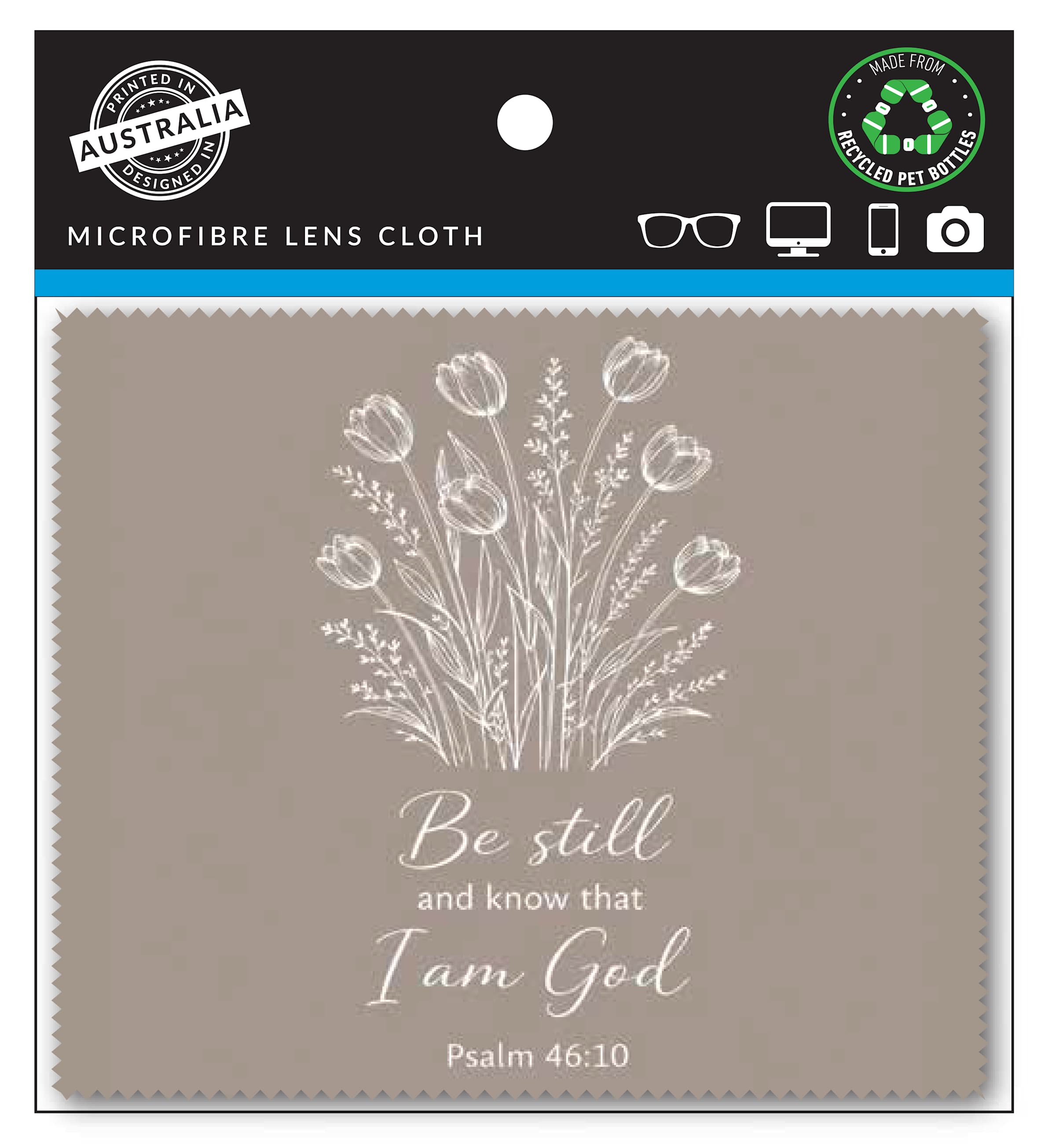 Lens Cloth: Taupe, Be Still Psalm 46:10