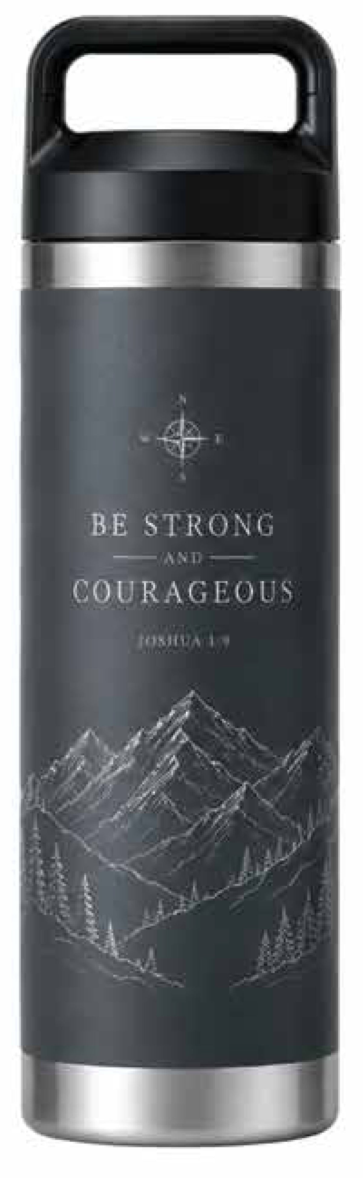 Kakadu Stainless Steel Water Bottle (600mL): Be Strong and Courageous Mountains, Black