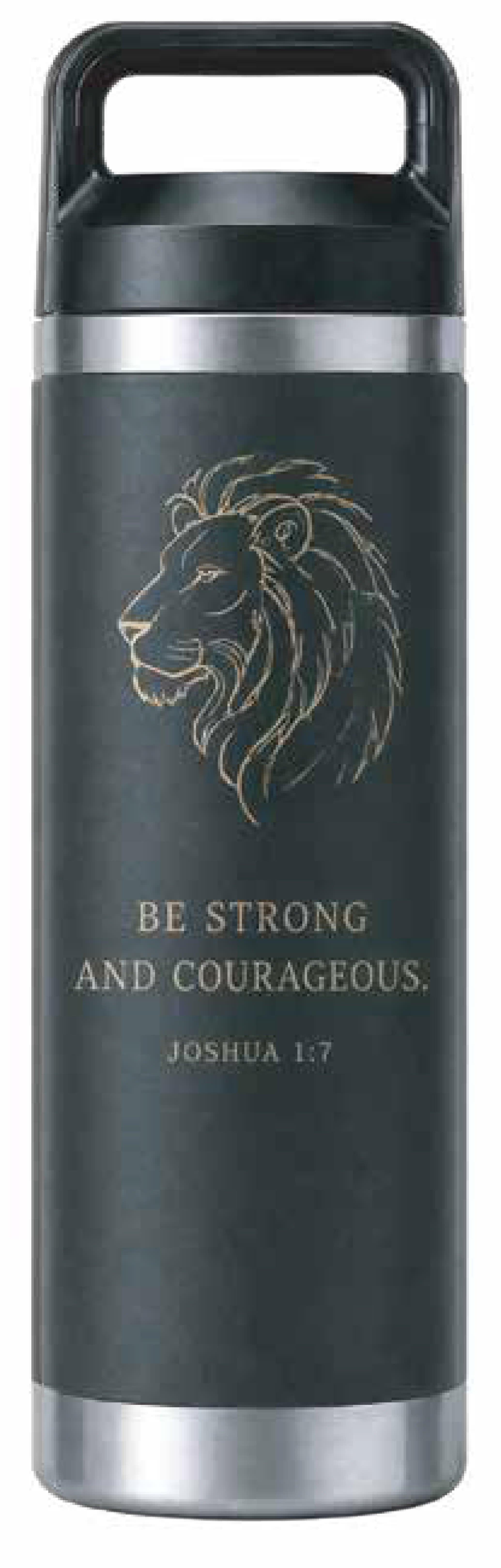 Kakadu Stainless Steel Water Bottle (600mL): Be Strong and Courageous, Lion, Black