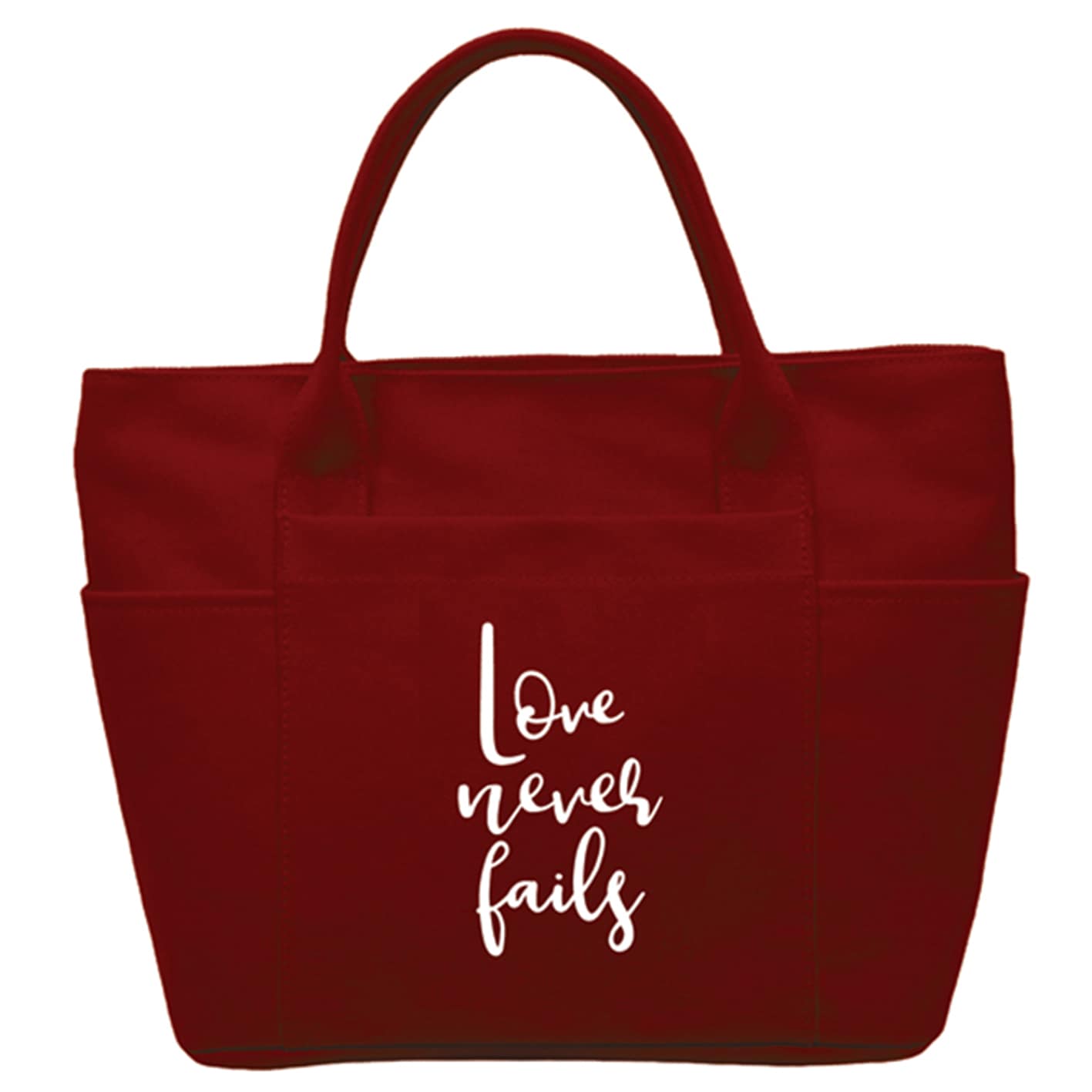 Mini Canvas Tote Bag: Love Never Fails, Burgundy Red
