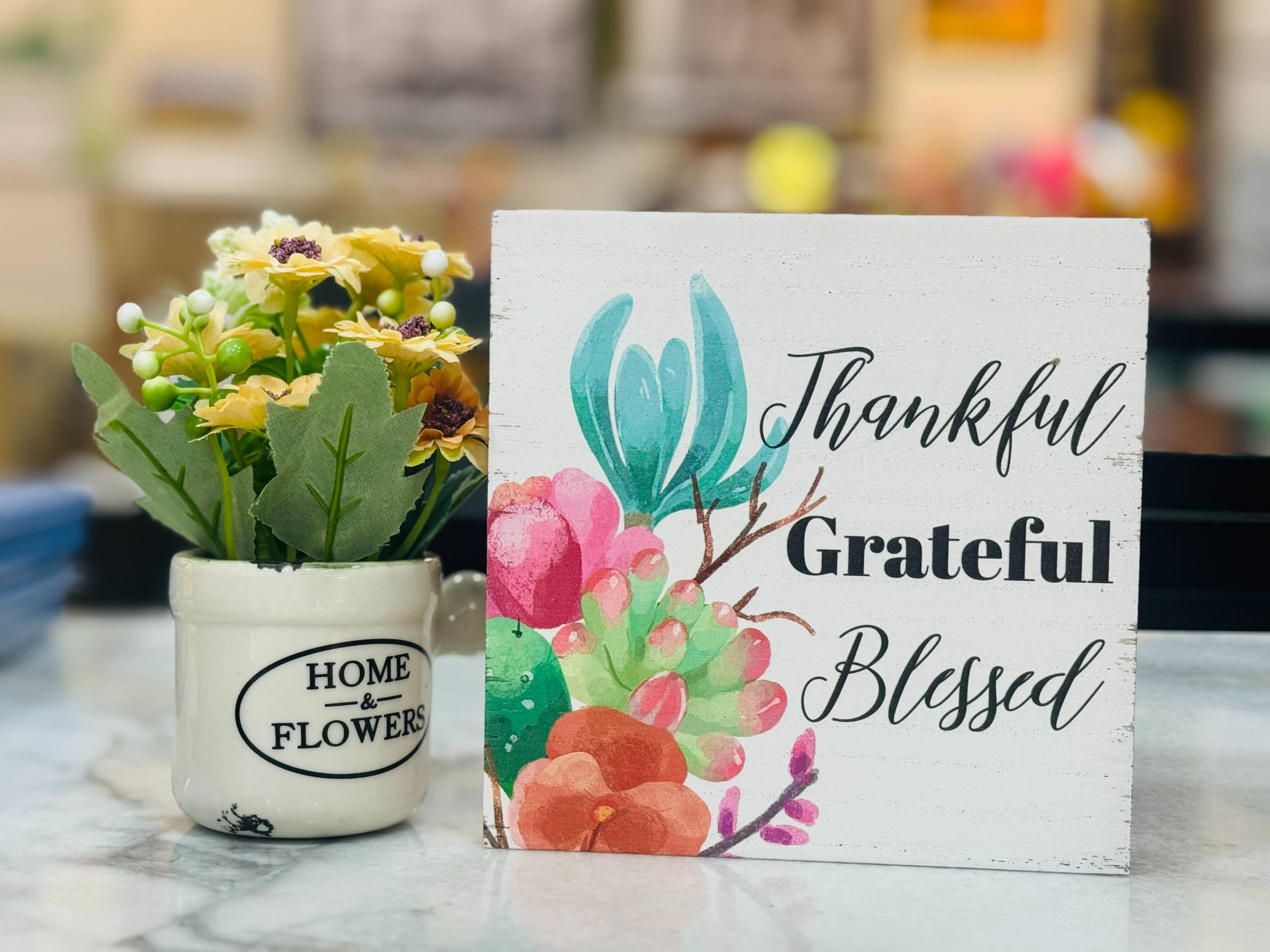 Tabeltop Decor, Mdf: Thankful Grateful Blessed Desk Block, Floral