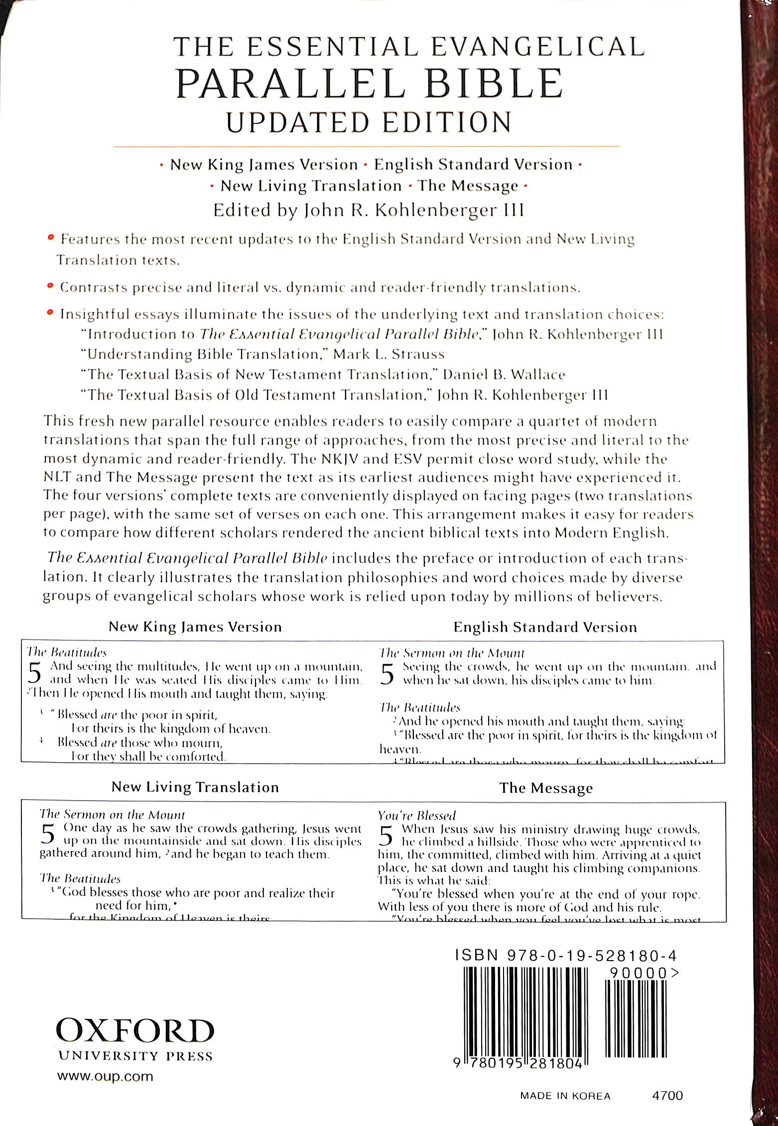 Nkjv/Esv/Nlt/The Message Essential Evangelical Parallel Bible