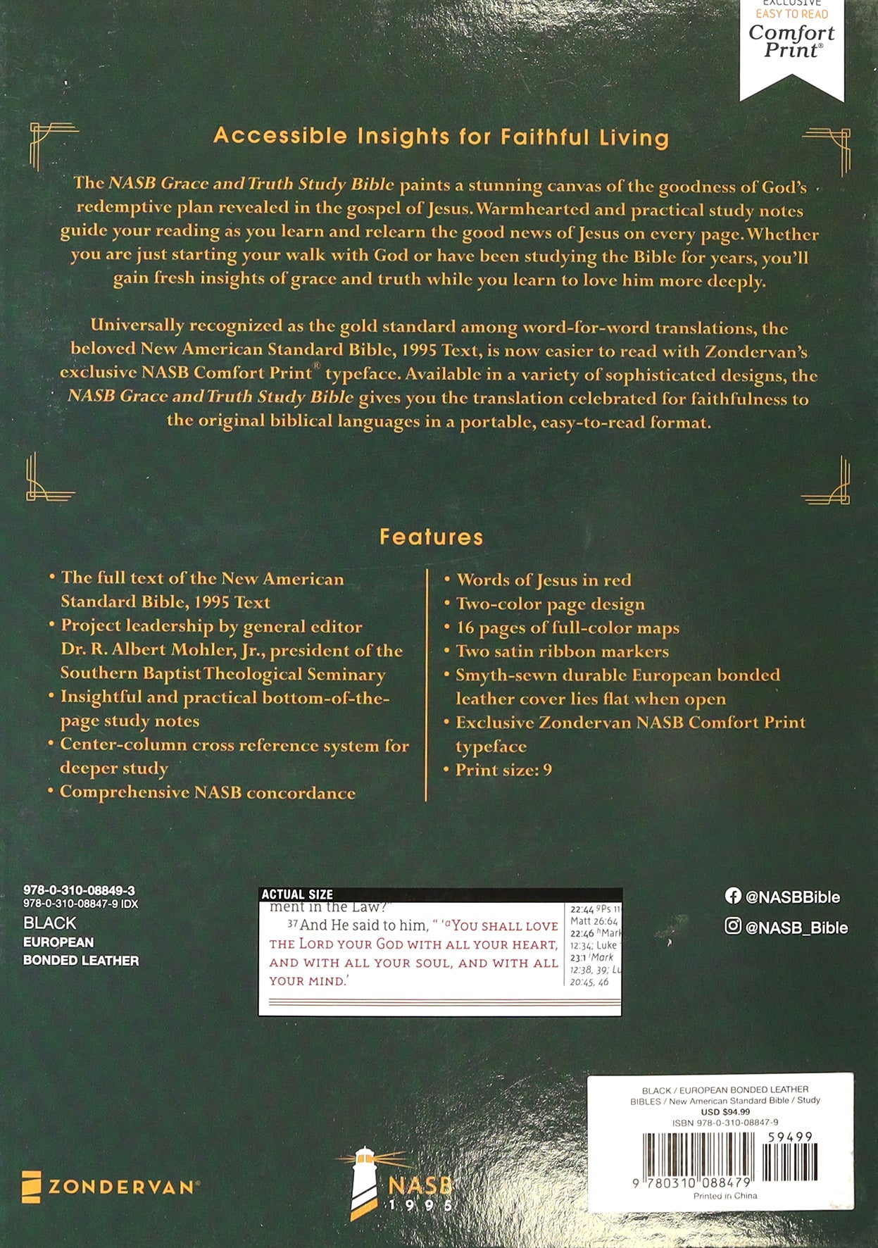 NASB Grace and Truth Study Bible European Bonded Leather Black 1995 Text, Thumb Indexed (Red Letter Edition)