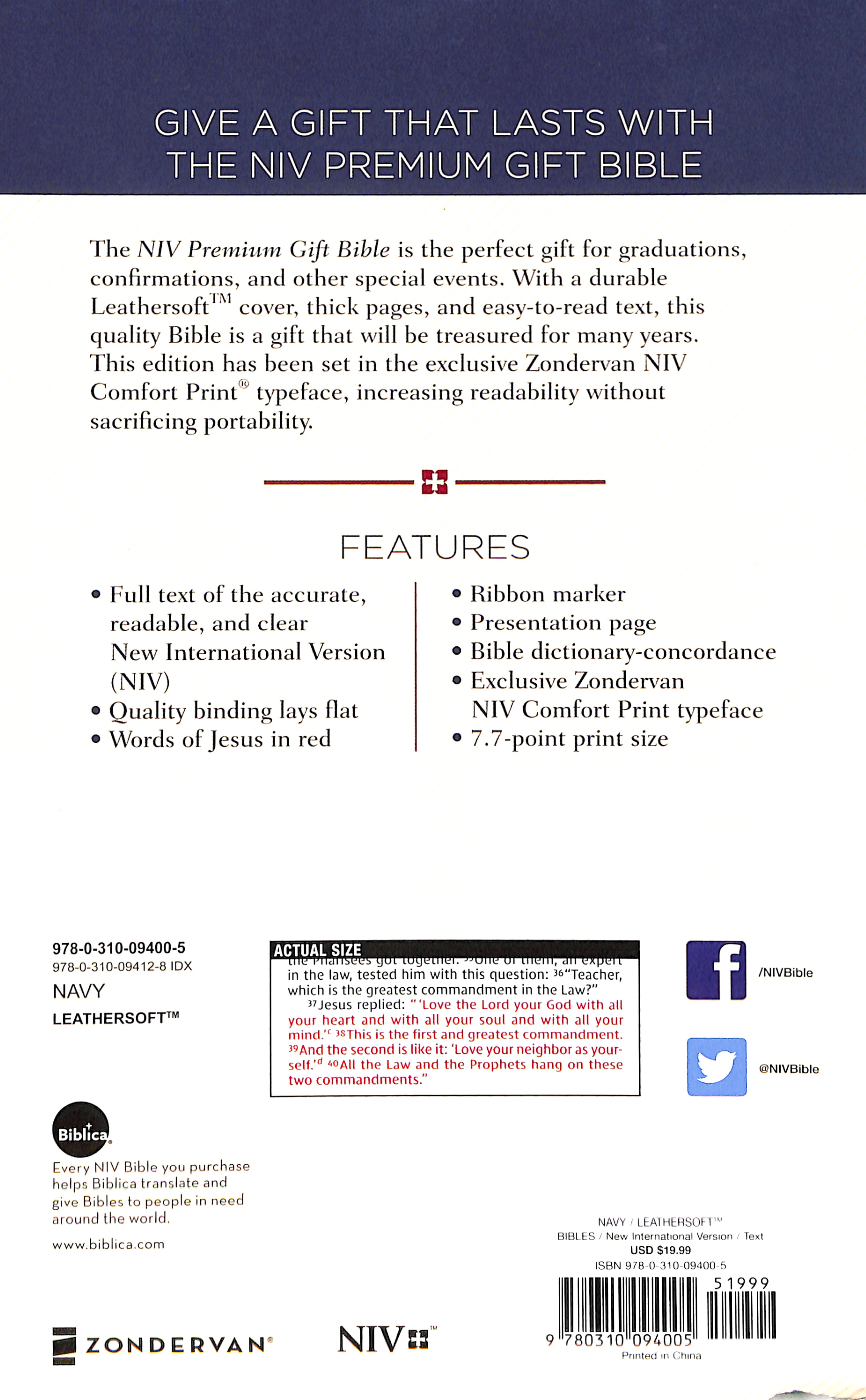 NIV Premium Gift Bible Navy (Red Letter Edition)