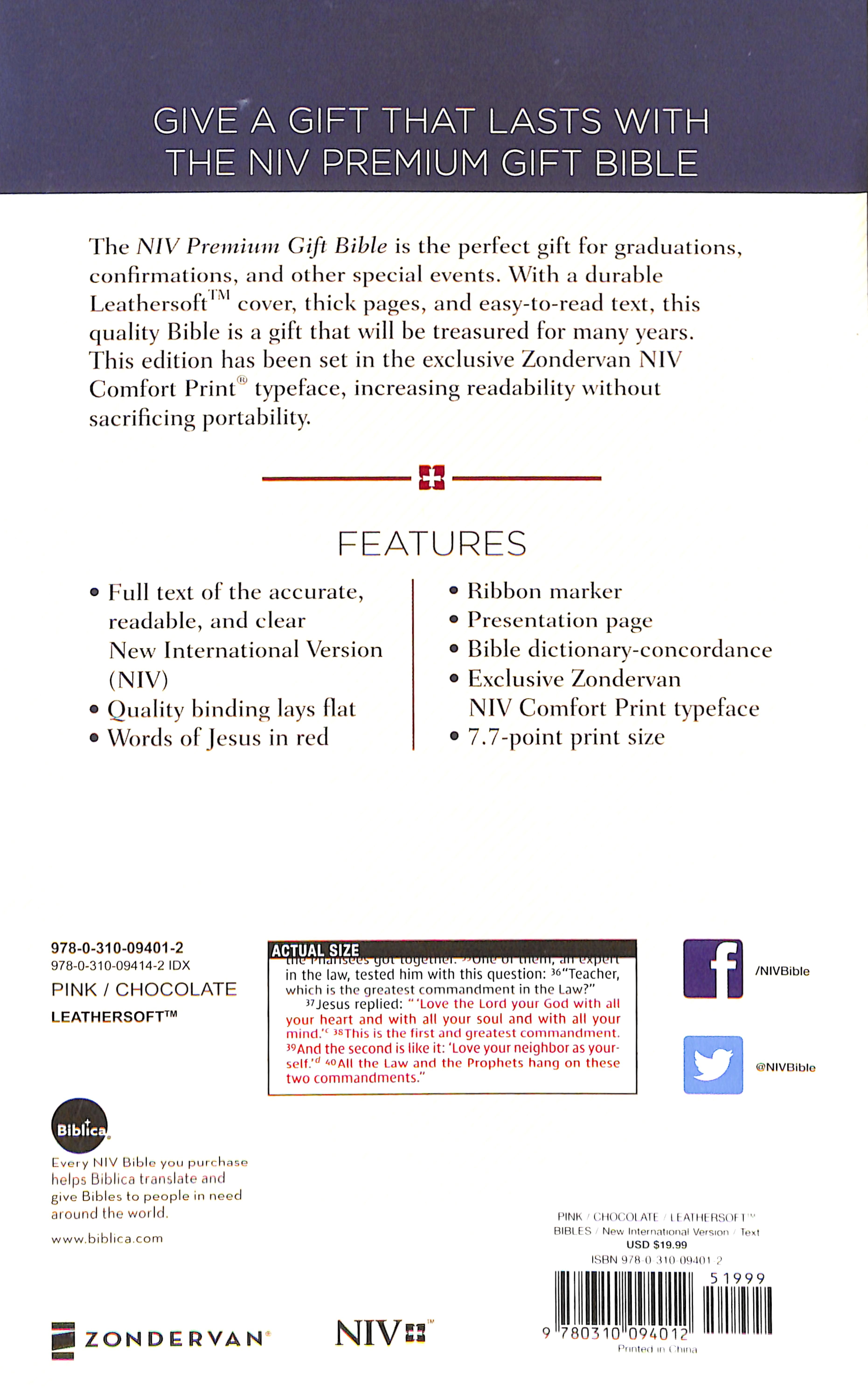 NIV Premium Gift Bible Pink/Brown (Red Letter Edition)