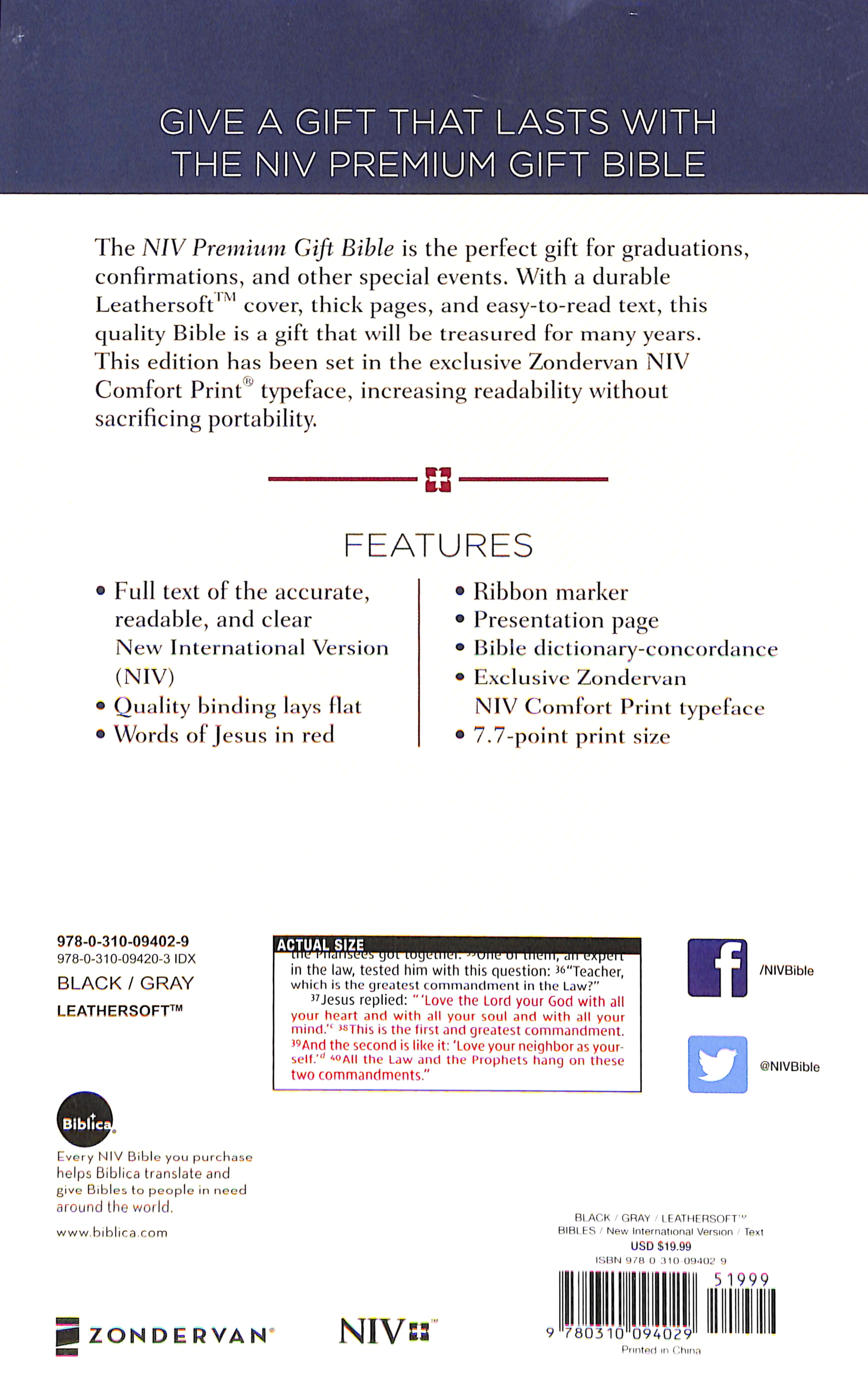 NIV Premium Gift Bible Black/Gray (Red Letter Edition)