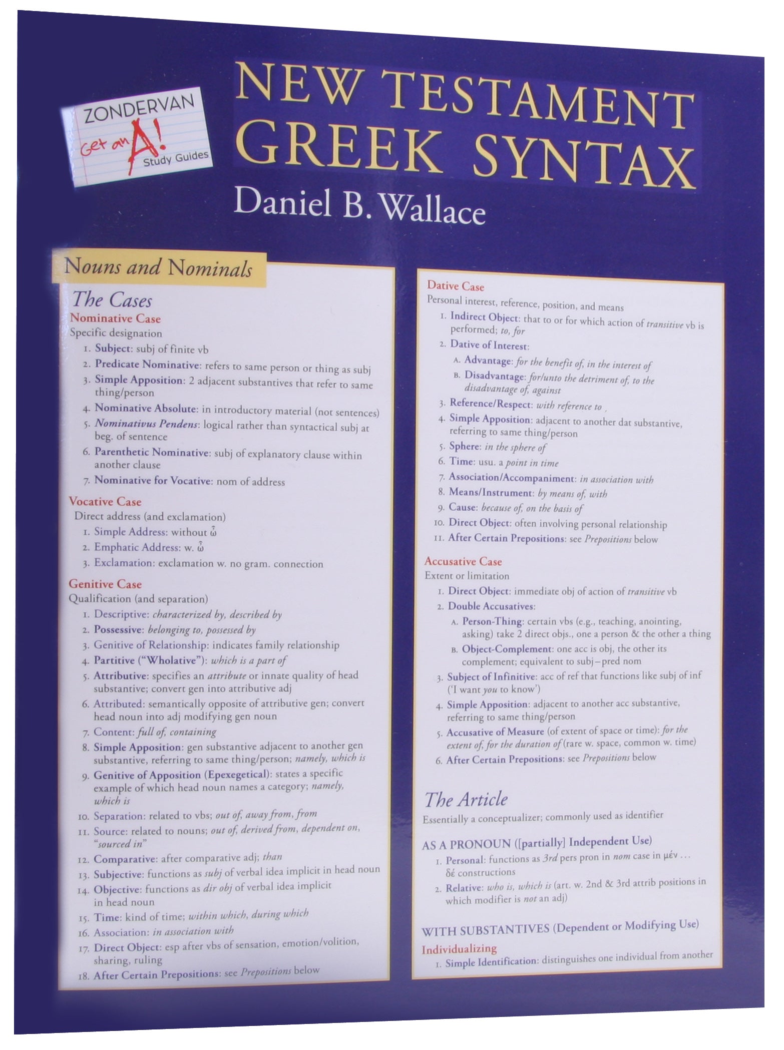 Zondervan Get An A! New Testament Greek Syntax Sheet