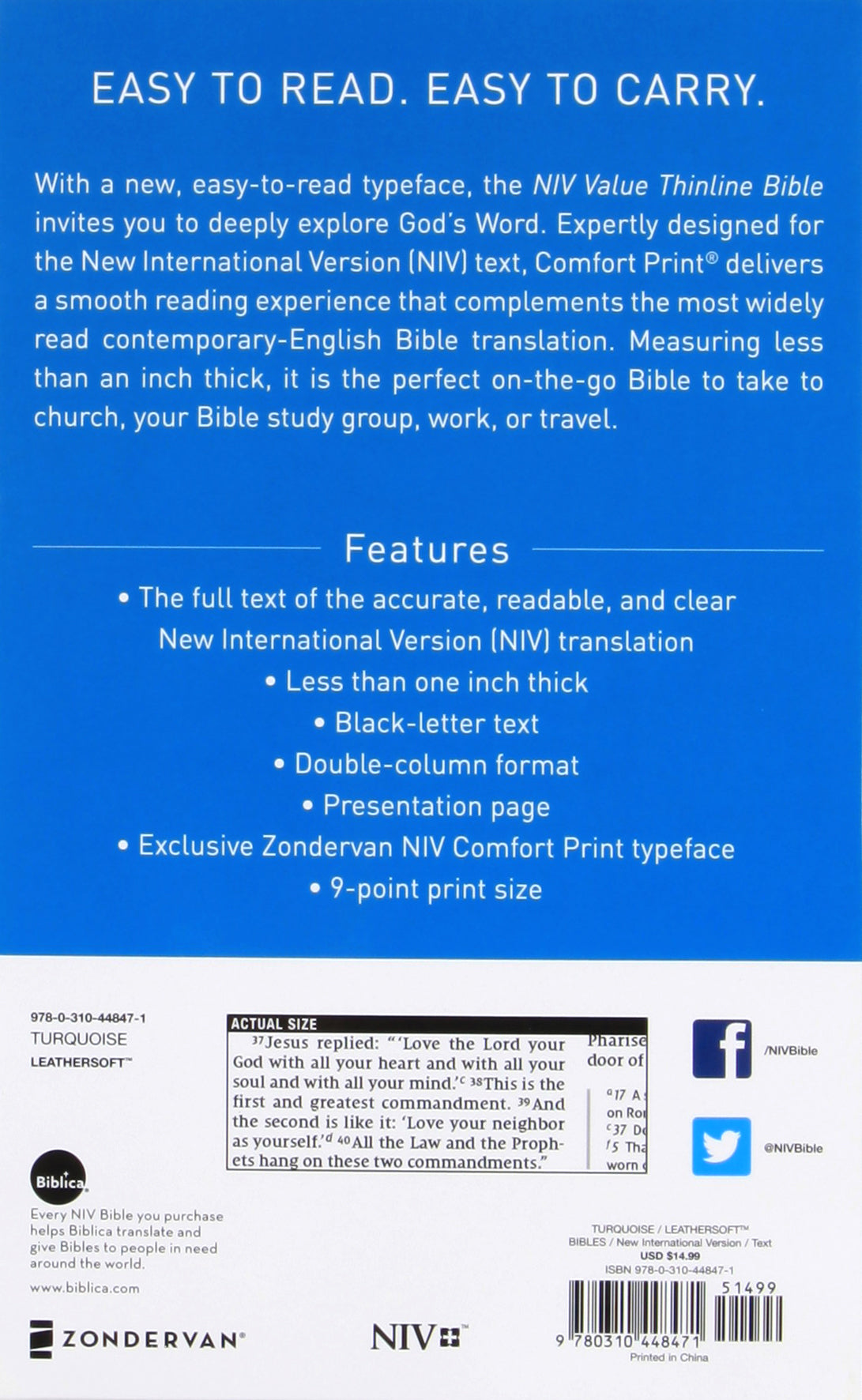 NIV Value Thinline Bible Turquoise (Black Letter Edition)