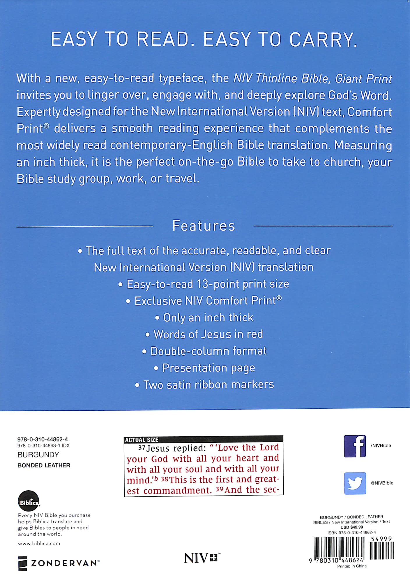 NIV Thinline Bible Giant Print Burgundy Indexed (Red Letter Edition)