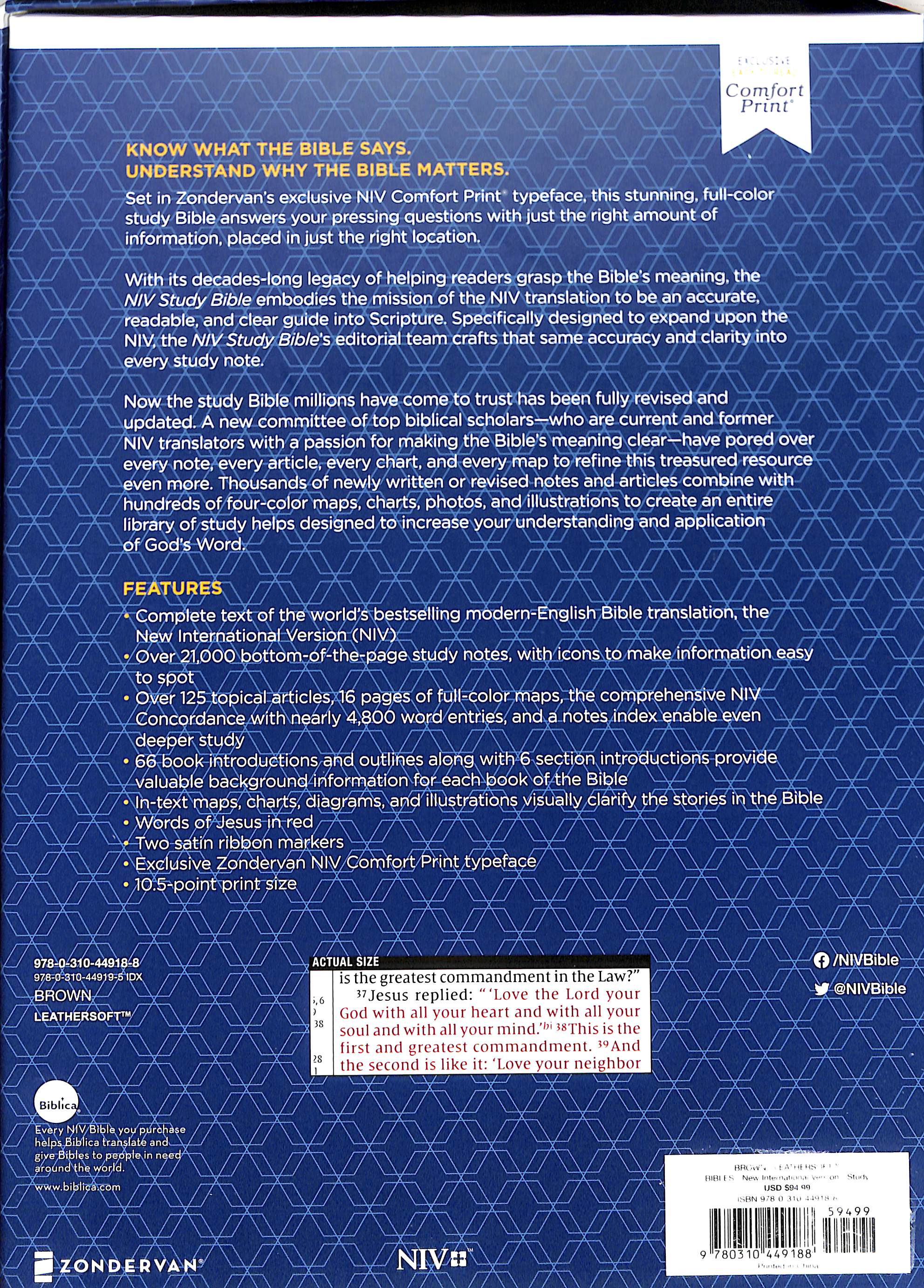 NIV Study Bible Large Print Brown Indexed (Red Letter Edition) Fully Revised Edition (2020)