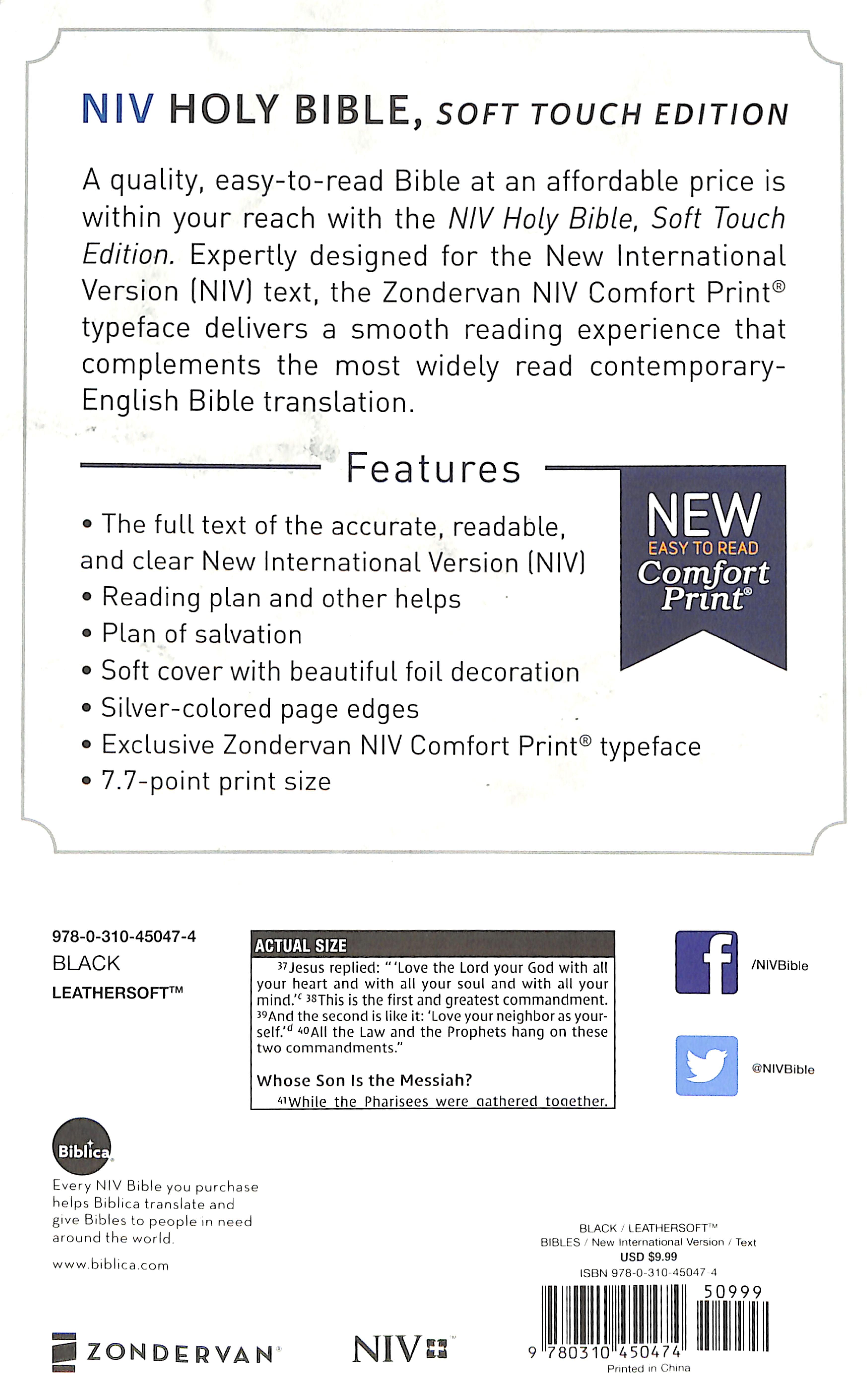 NIV Holy Bible Soft Touch Edition Black (Black Letter Edition)