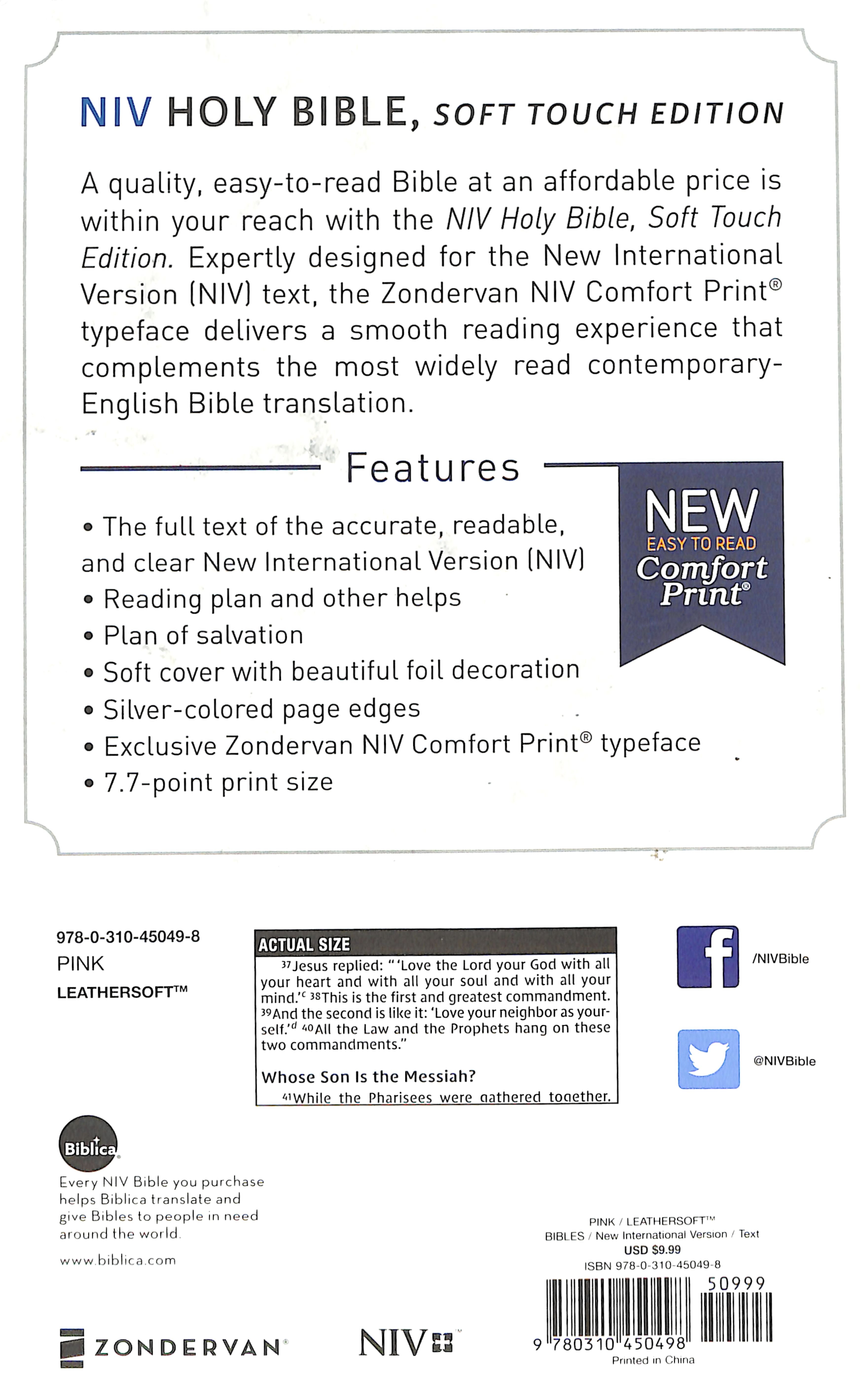 NIV Holy Bible Soft Touch Edition Pink (Black Letter Edition)